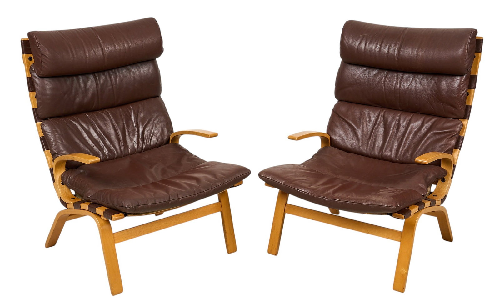 Pair of Farstrup Mobler Mid-Century Chairs: Pair of Danish mid-century Farstrup Mobler bentwood chairs with leather cushions height 38.5 in. x width 25 in. x depth 32 in. / each Provenance: Property from a home in San Antonio, Texas 