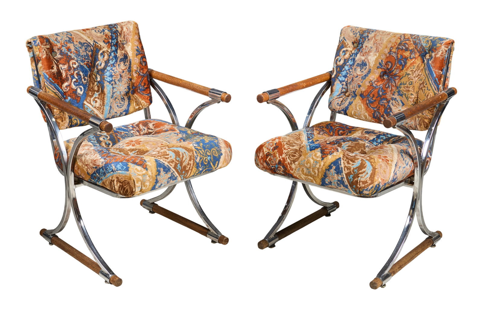 (2) Cleo Baldon Mid-Century Armchairs: Pair of mid-century Cleo Baldon for Terra of California armchairs featuring tubular chrome frames, wooden armrests and patterened colorful upholstery height 32.5 in. x width 25.5 in. x depth 21 in. /