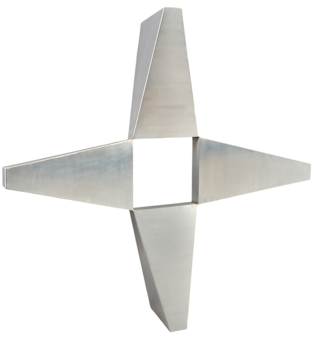 Richard Harrell Rogers, "Cuneiform Cross": Richard Harrell Rogers (Texas, 1941-2012), "Cuneiform Cross", aluminum sculpture, freestanding height 27 in. x width 28 in. x depth 9 in. Provenance: Purchased directly from the artist and