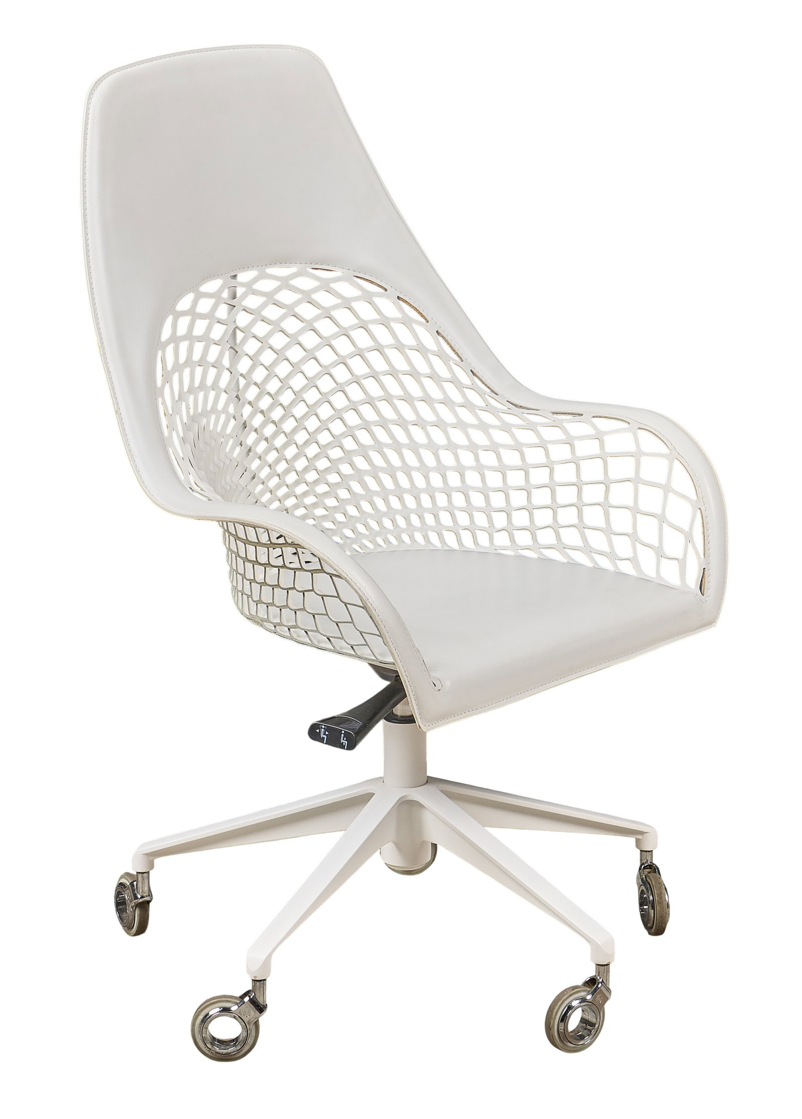 Midj Guapa, Office Chair: Midj Guapa (Italy) Office Chair featuring laser cut leather shell, supported on swivel base with casters height 42 in. x width 26.5 in. x width 23.5 in. Provenance: Property from a home in Live Oak,