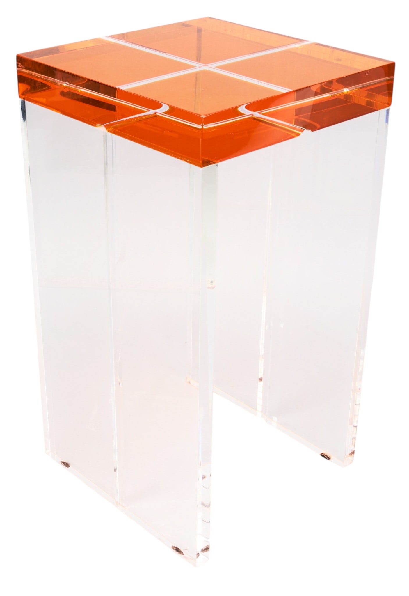 Modern Acrylic Side Table: Modern side table featuring clear acrylic body and a vibrant tangerine orange top height 22 in. x width 12 in. x depth 12 in. Provenance: Property from a home in San Antonio, Texas
