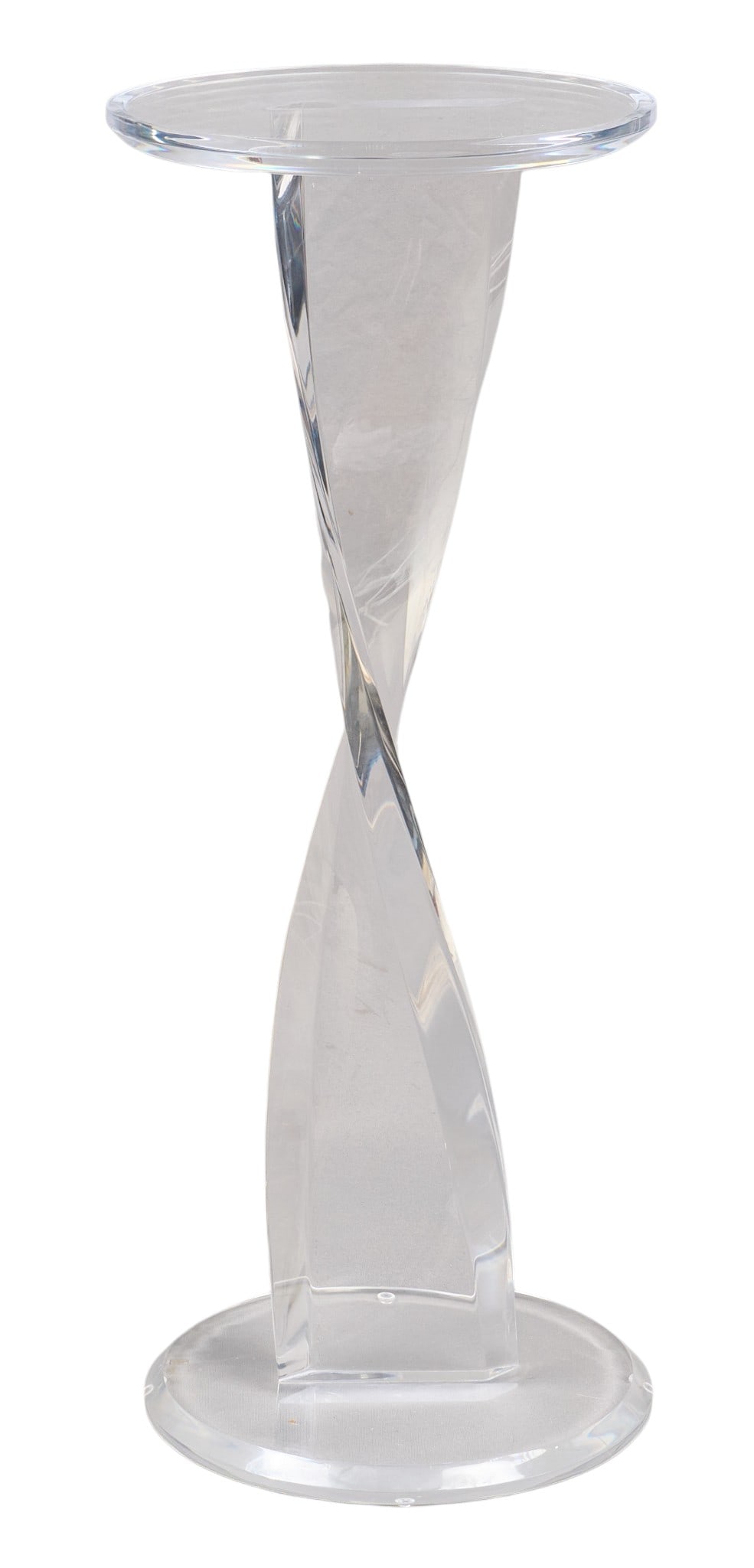 Shlomi Haziza Acrylic Pedestal Table: Shlomi Haziza acrylic pedestal table with circular top and base, featuring a twisted form height 36 in. x width 14 in. x depth 14 in. Provenance: Property from a home in San Antonio, Texas
