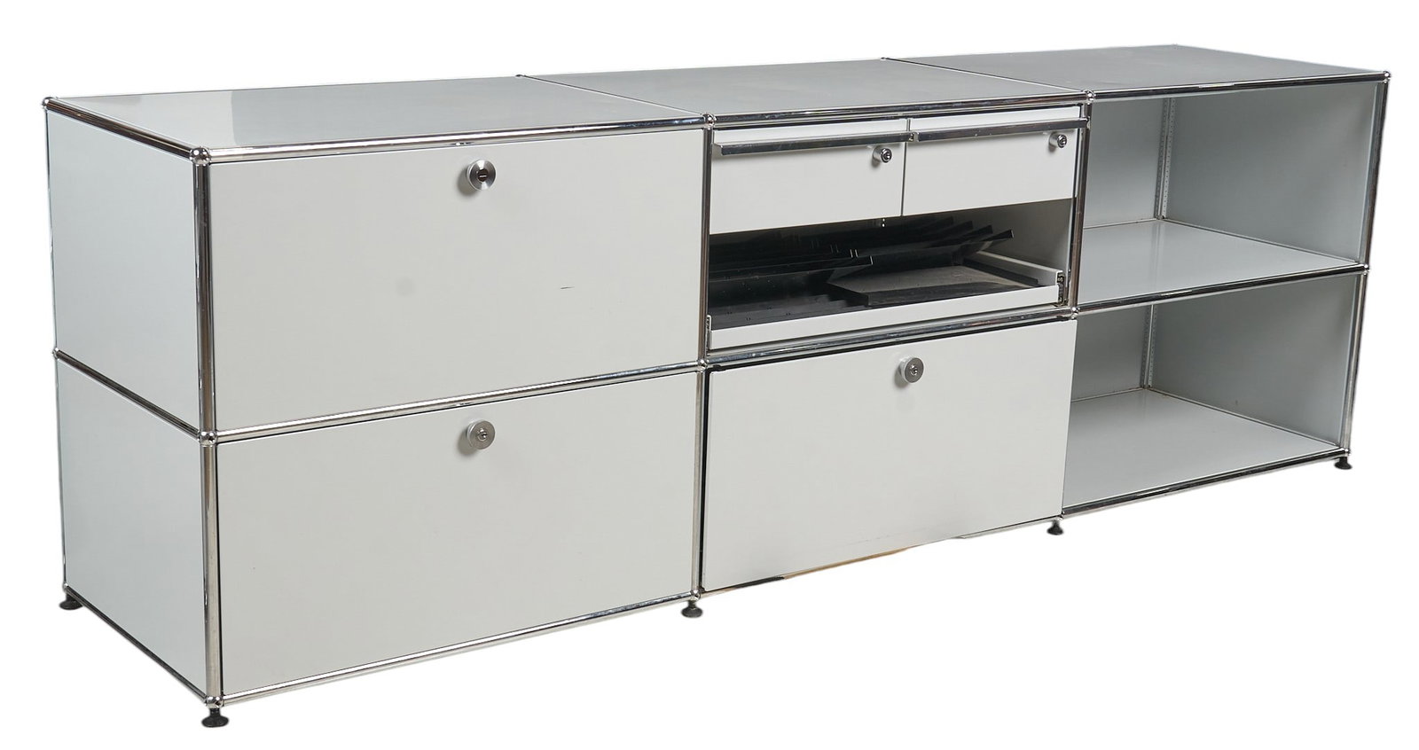 Fritz Haller for USM Modular, Sideboard: Haller sideboard by Fritz Haller for USM Modular, featuring modular steel construction with a drop-down door, sliding drawers, and open shelving, includes keys height 30 in. x width 90 in.