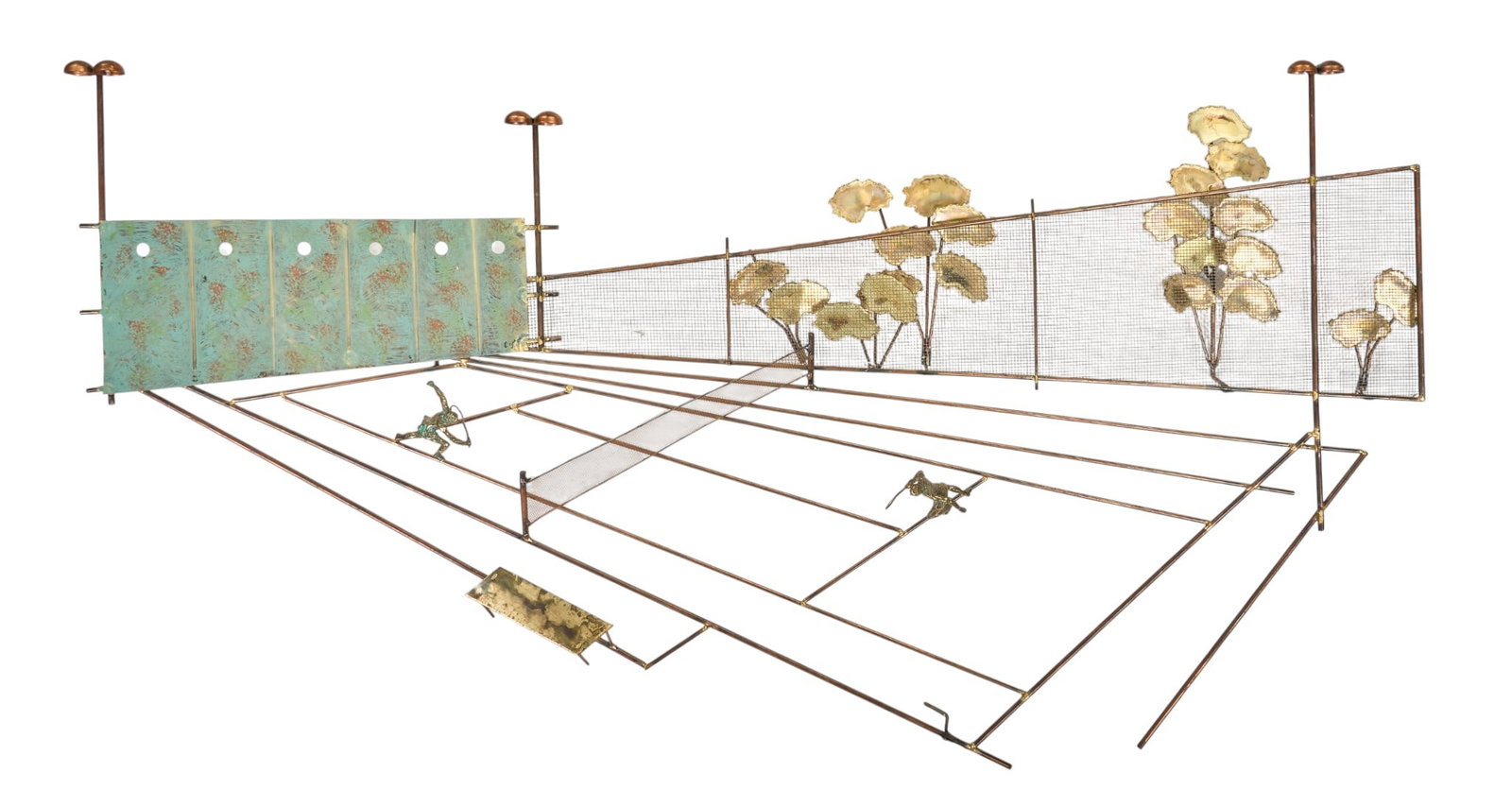 Curtis Jere, Tennis Players Wall Art: Curtis Jere metal wall art sculpture depicting a tennis match height 28.5 in. x width 52.5 in. x depth 5 in. Provenance: Property from a home in San Antonio, Texas