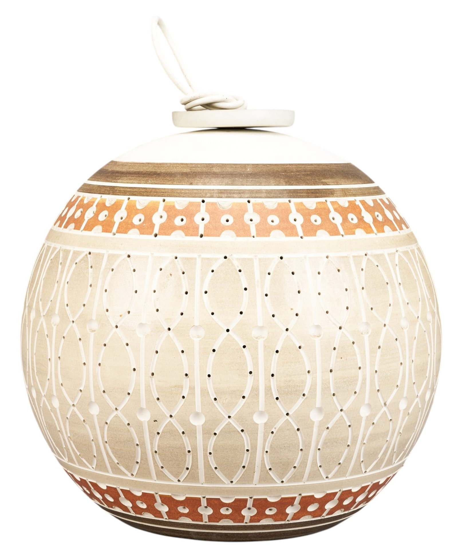 Beaumont Mood Ceramic Pendant Chandelier: Beaumont Mood (San Antonio, Texas) glazed and perforated ceramic chandelier with spherical shape and single-bulb fixture height 17.5 in. x diameter 18 in. Provenance: Property from a home i