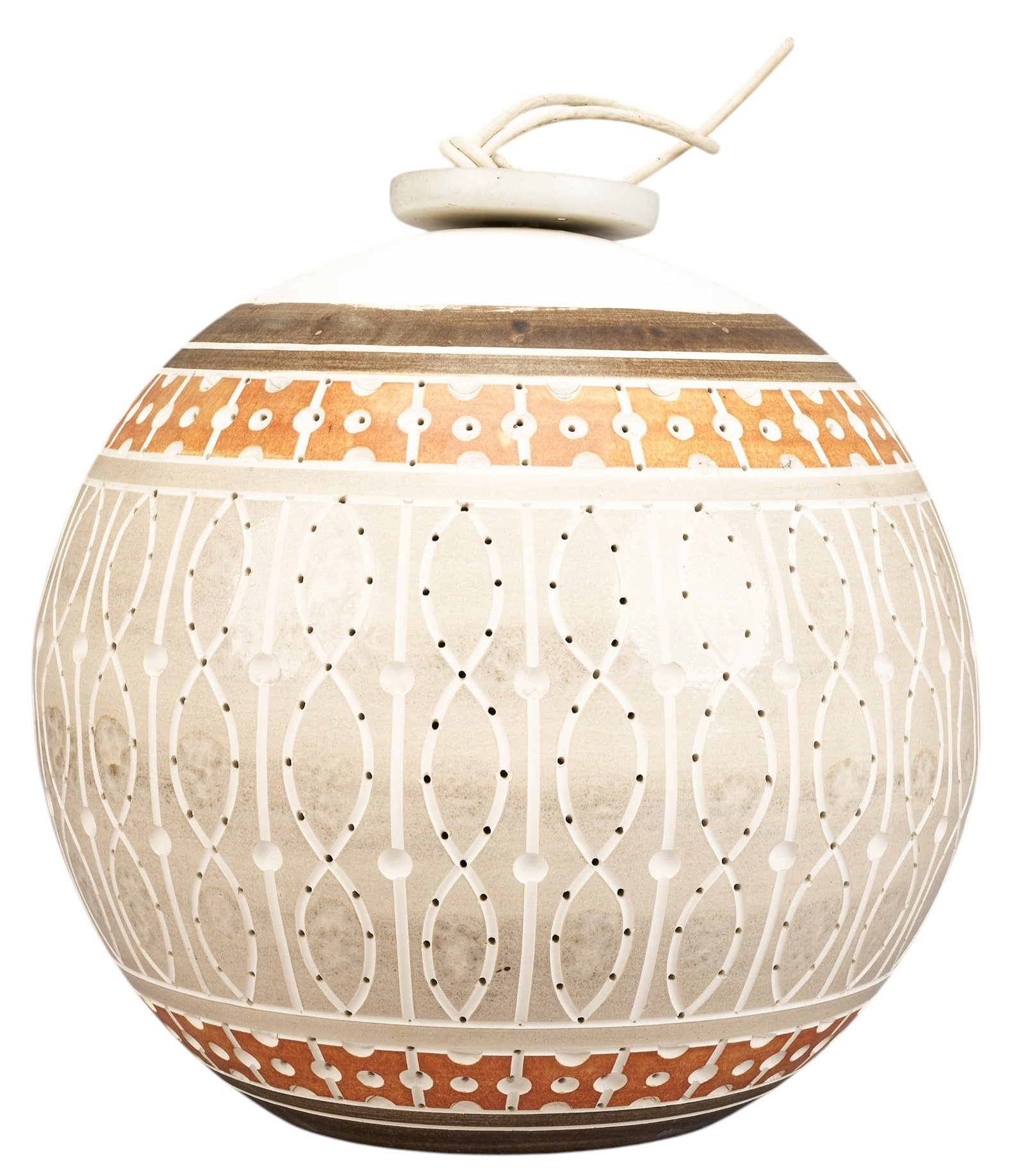 Beaumont Mood Ceramic Pendant Chandelier: Beaumont Mood (San Antonio, Texas) glazed and perforated ceramic chandelier with spherical shape and single-bulb fixture height 17.5 in. x diameter 18 in. Provenance: Property from a home i