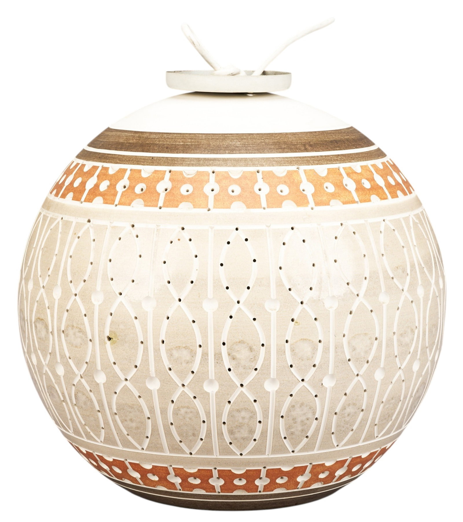 Beaumont Mood Ceramic Pendant Chandelier: Beaumont Mood (San Antonio, Texas) glazed and perforated ceramic chandelier with spherical shape and single-bulb fixture height 17.5 in. x diameter 18 in. Provenance: Property from a home i