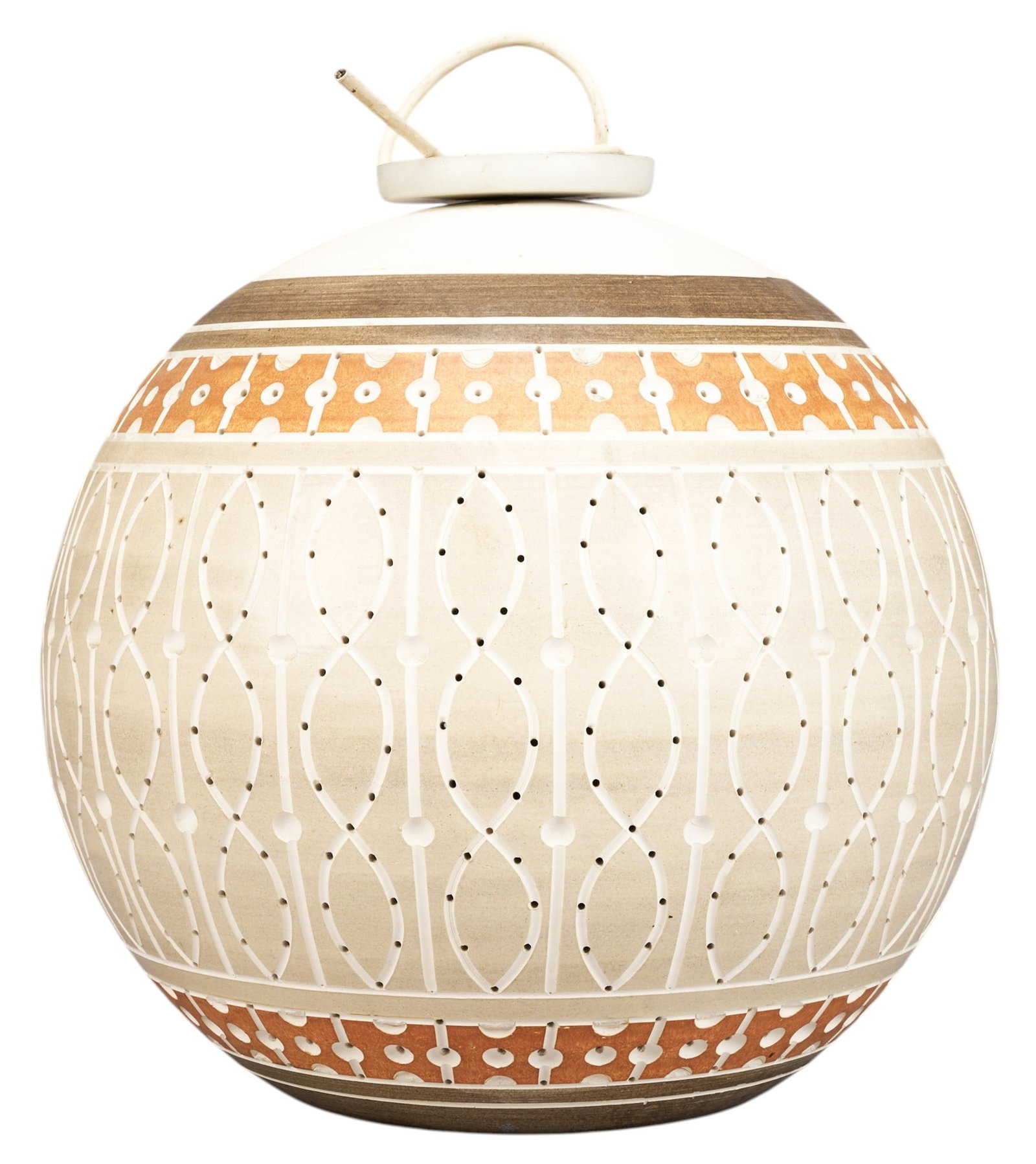 Beaumont Mood Ceramic Pendant Chandelier: Beaumont Mood (San Antonio, Texas) glazed and perforated ceramic chandelier with spherical shape and single-bulb fixture height 17.5 in. x diameter 18 in. Provenance: Property from a home i