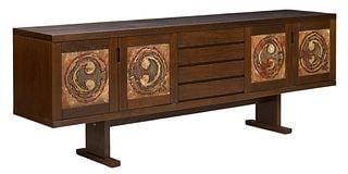 Danish Mid-Century Credenza: Danish mid-century dark wood credenza with two pairs of cabinet doors with ceramic tile decoration, and stack of four drawers, supported on trestle legs height 30.25 in. x width 84.75 in. x depth