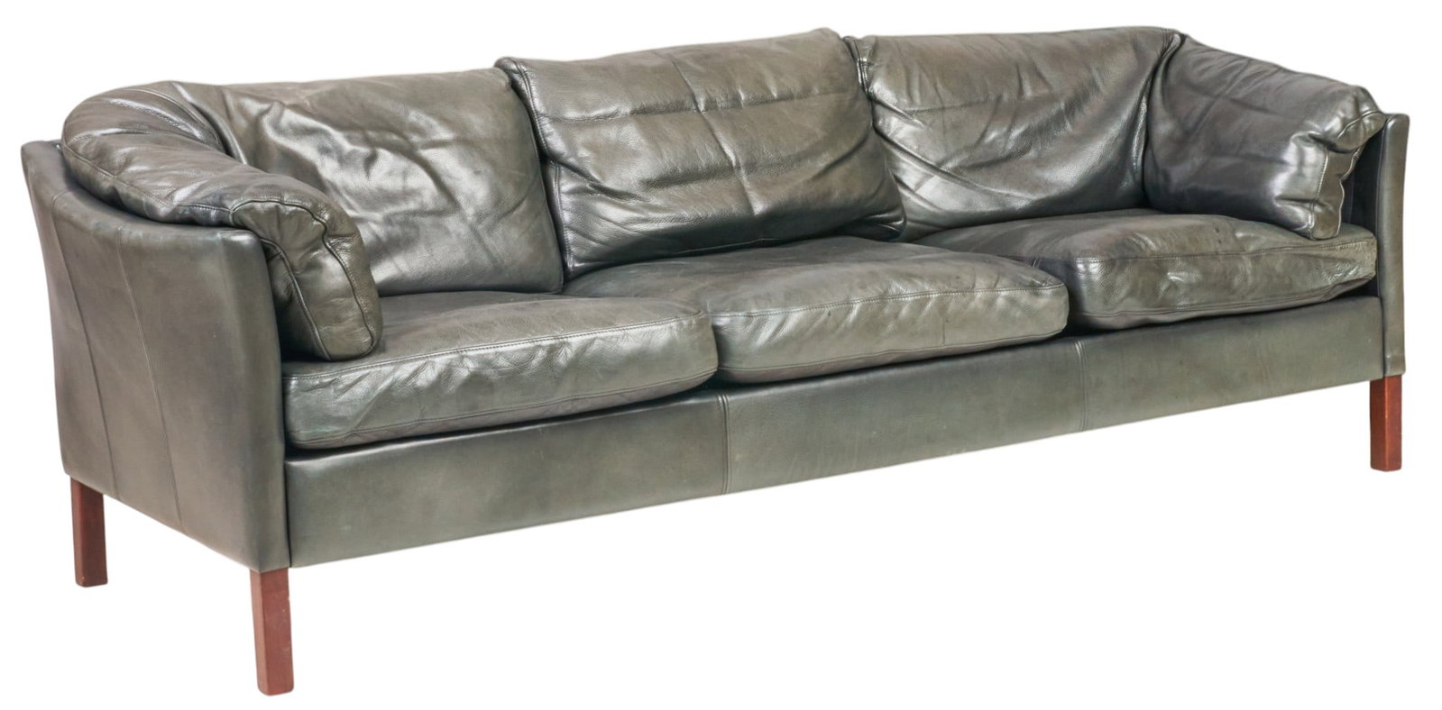 Danish Mid-Century Leather Sofa: Danish mid-century three-seat black leather sofa supported on block legs height 31 in. x width 86 in. x depth 31.5 in. 