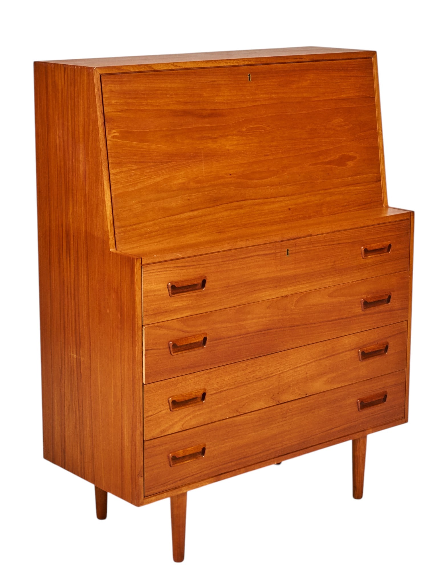 Vinde Mobelfabrik, Mid-Century Secretary: Vinde Mobelfabrik (Denmark) mid-century secretary with drop-front cabinet that reveals interor fitted storage, and stack of four full-width drawers, supported on pin legs, marker's mark on back