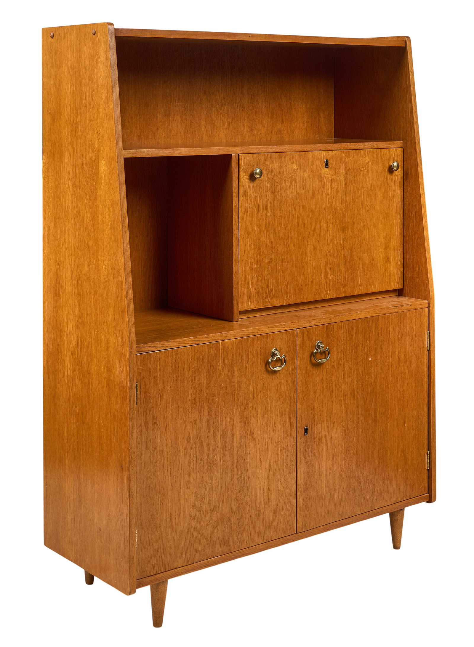 Mid-Century Credenza: Mid-century dry bar with fitted storage including drop-front cabinet, and lower shelved cabinet, supported on pin legs height 58 in. x width 41.5 in. x depth 17 in. Provenance: Property from a