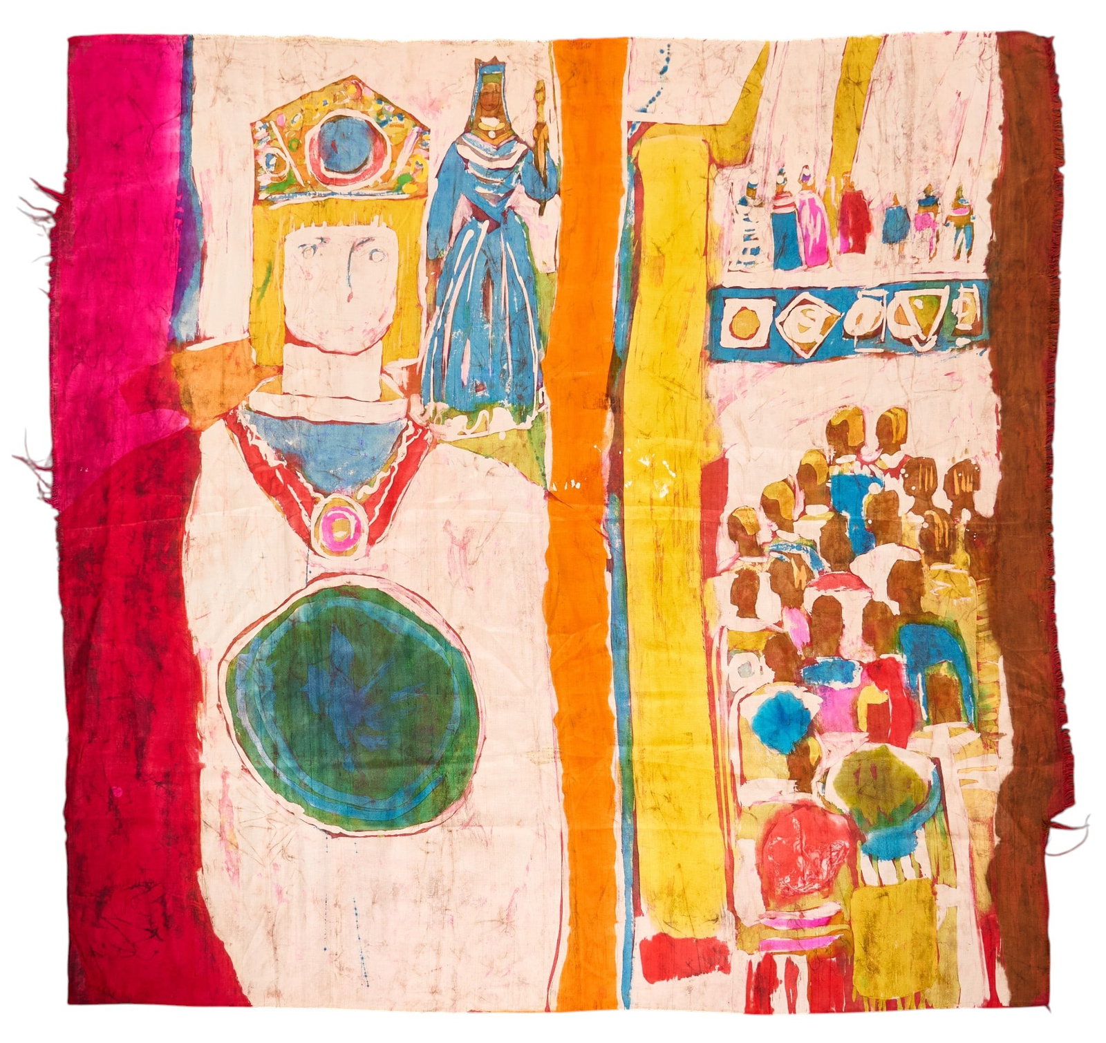 Margaret Putnam, Silk Batik Camelot Scene: Margaret Putnam (Texas, 1913-1989), Camelot style royalty scene, batik on silk length 44 in. x width 44 in. Provenance: Property from the collection of the artist's family, San Antonio, Texas
