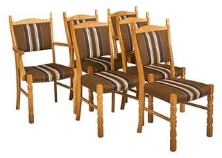 Set of (6) Henning Kjaernulf Mid-Century Dining Chairs: Set of six Henning Kjaernulf (Denmark) oak dining chairs with brown, black and white striped upholstery with iron nailhead trim, supported on sculpted block legs height 38 in. x width 19 in x depth