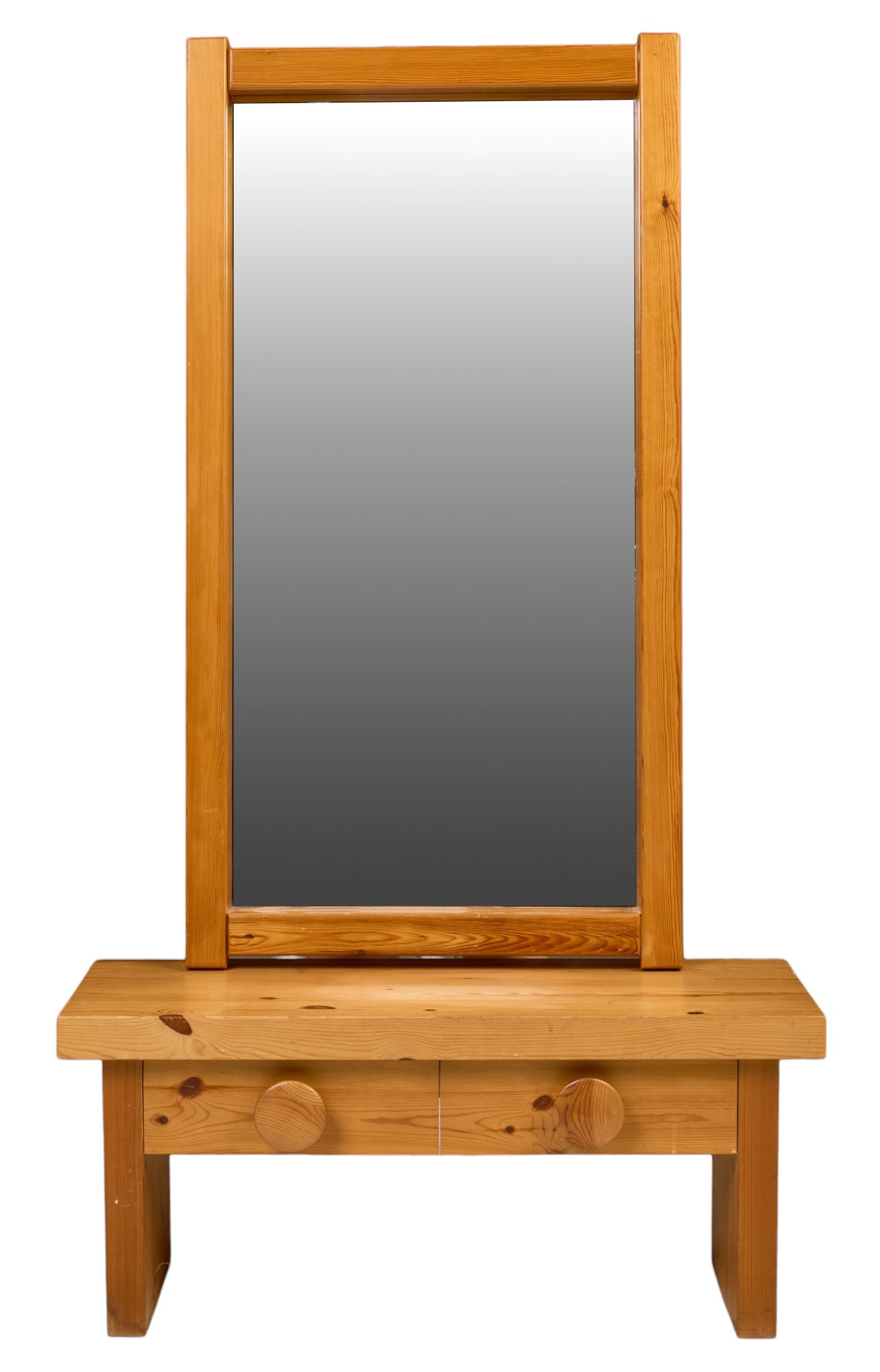 Danish Mid-Century Mirror and Console: Danish mid-century console with two drawers, and mirror height 63 in. x width 35.5 in. x depth 13.5 in. 
