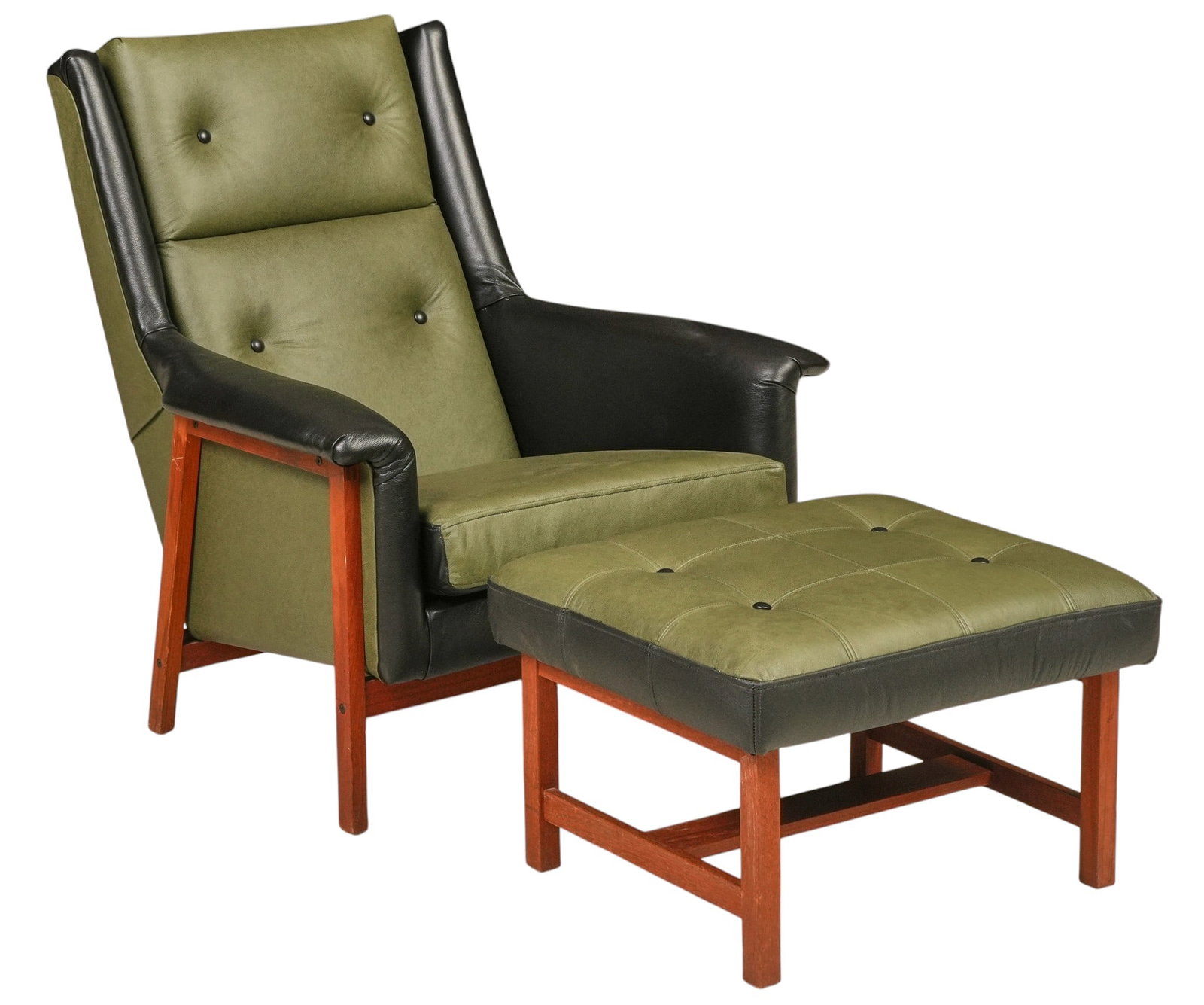 Mid-Century Two-Tone Leather Lounge Chair and Ottoman: Mid-century lounge chair and ottoman, olive green and black leather upholstery with button-tufted back and ottoman, exposed walnut frame with splayed legs and stretcher bases height 37 in. x width 32 