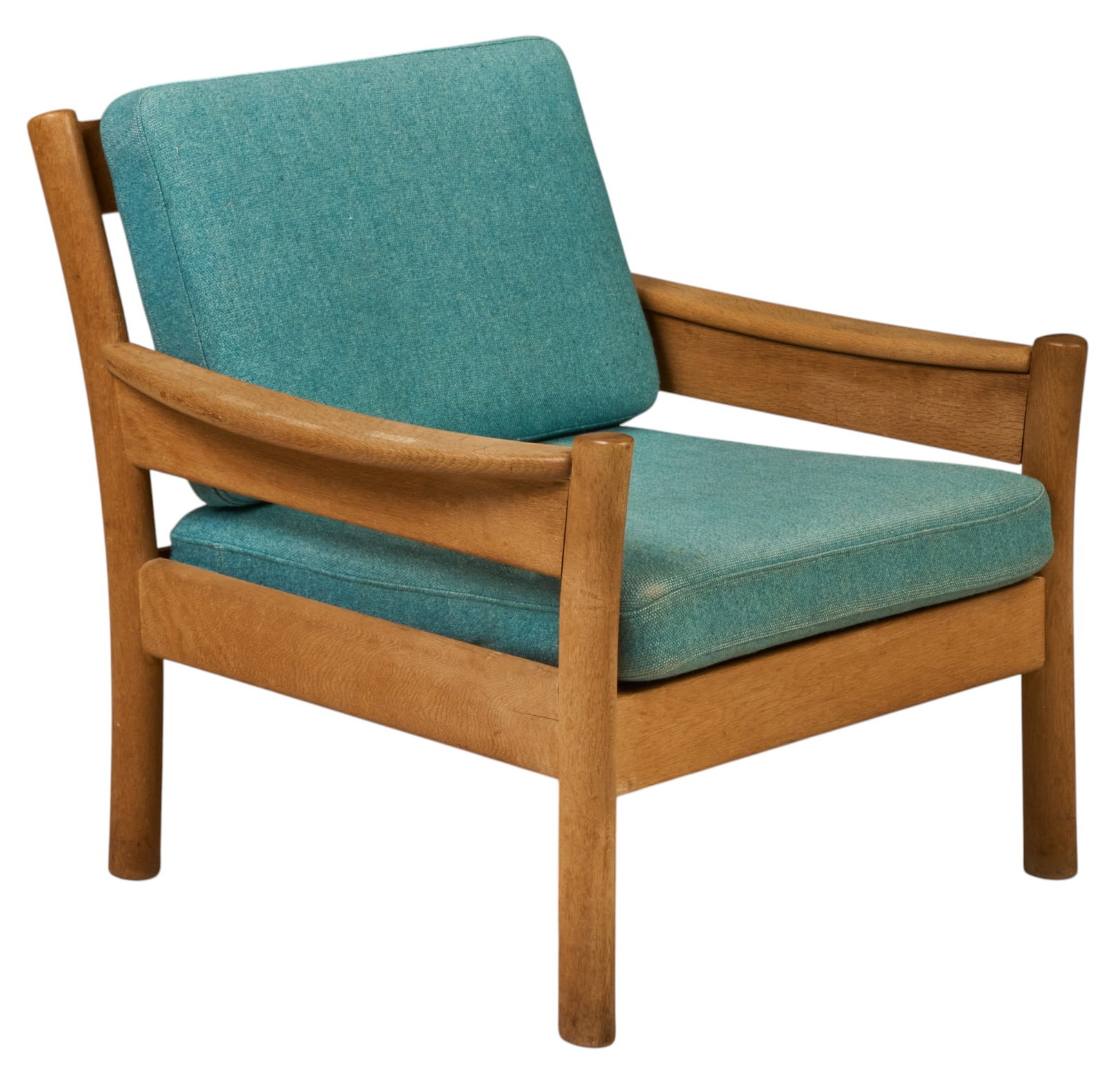 Danish Mid-Century Lounge Chair: Danish teak mid-century lounge chair, with blue cushions height 30.5 in. x width 29.75 in. x depth 30.5 in. 