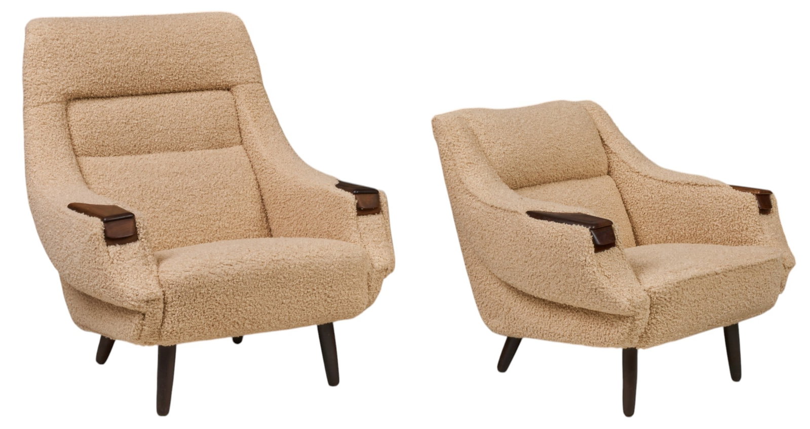 Danish Mid-Century His & Hers Chairs: Pair of Danish mid-century lounge chairs, comprising one high-back and one low-back example, sculptural upholstered frames with cream bouclé upholstery, exposed shaped wood hand rests, raised