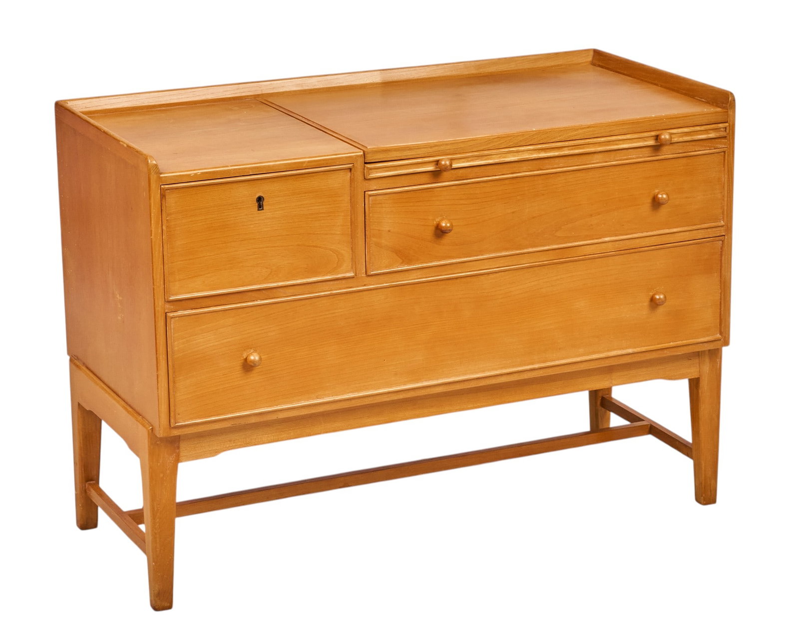 Danish Mid-Century Vanity Dresser: Danish mid-century vanity dresser with collapsing mirror, and three graduating drawers, supported on tapered block legs height 25.5 in. x width 35.5 in. x depth 17.25 in. Condition: some ring