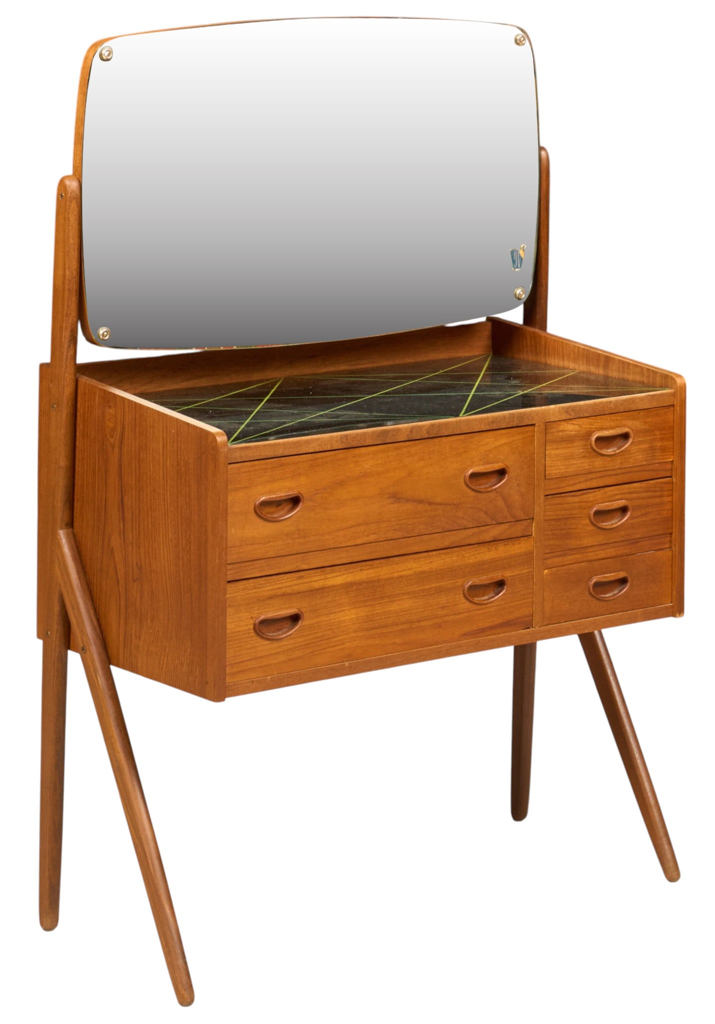 Danish Mid-Century Vanity: Danish mid-century vanity with swiveling mirror with rounded corners, glass-top counter and five drawers, supported on splayed pin legs height 43.5 in. x width 31 in. x depth 15.5 in. 