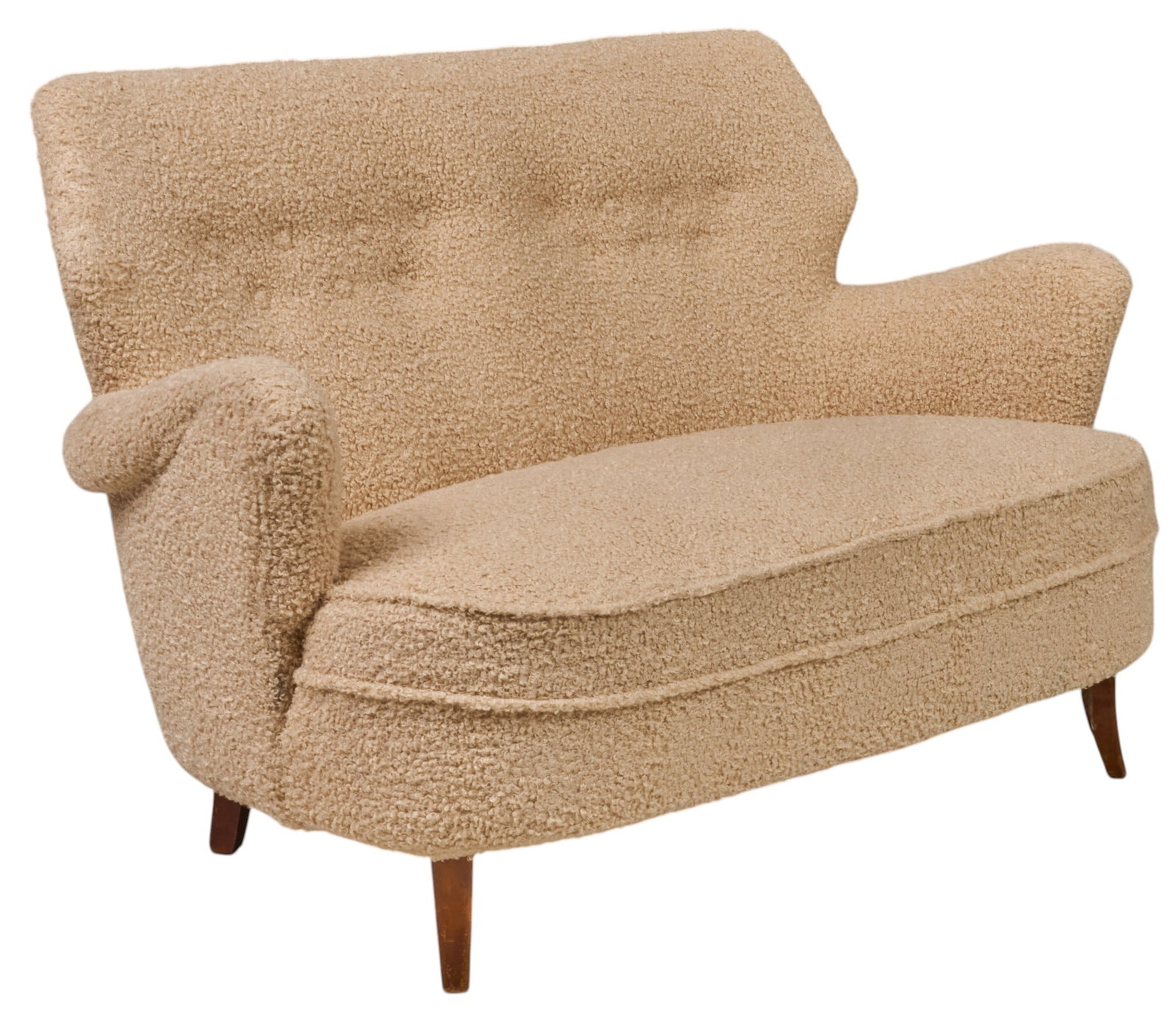 Danish Mid-Century Boucle Sofa: Danish mid-century loveseat with white boucle fabric upholstery, and angular arms, supported on wooden pin legs height 34.5 in. x width 54 in. x depth 34 in. 