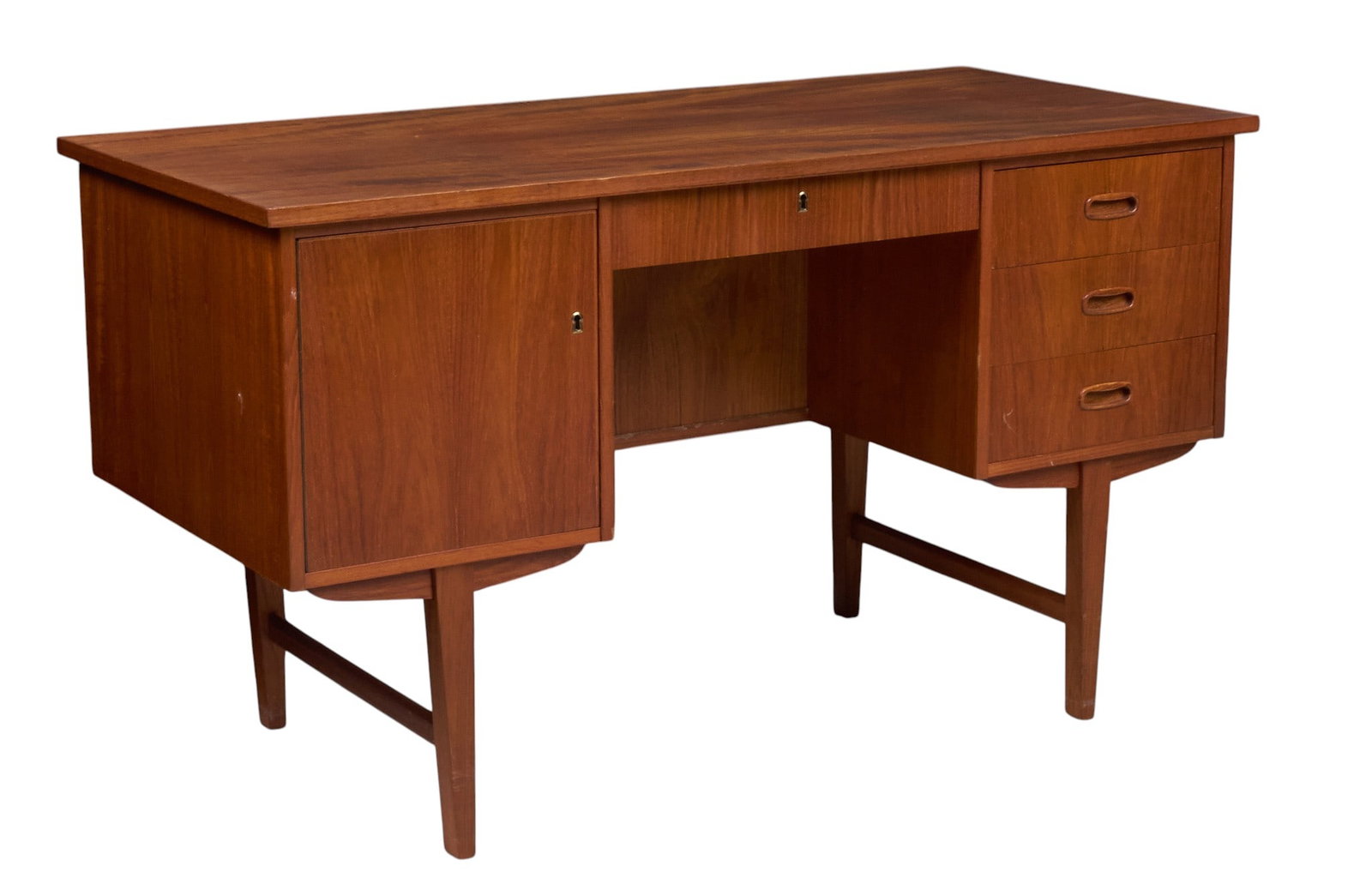 Danish Mid-Century Desk: Danish mid-century desk with stack of three small drawers, middle lock drawer, and small cabinet, supported on pin legs height 29 in. x width 505. in. x depth 23.25 in. 