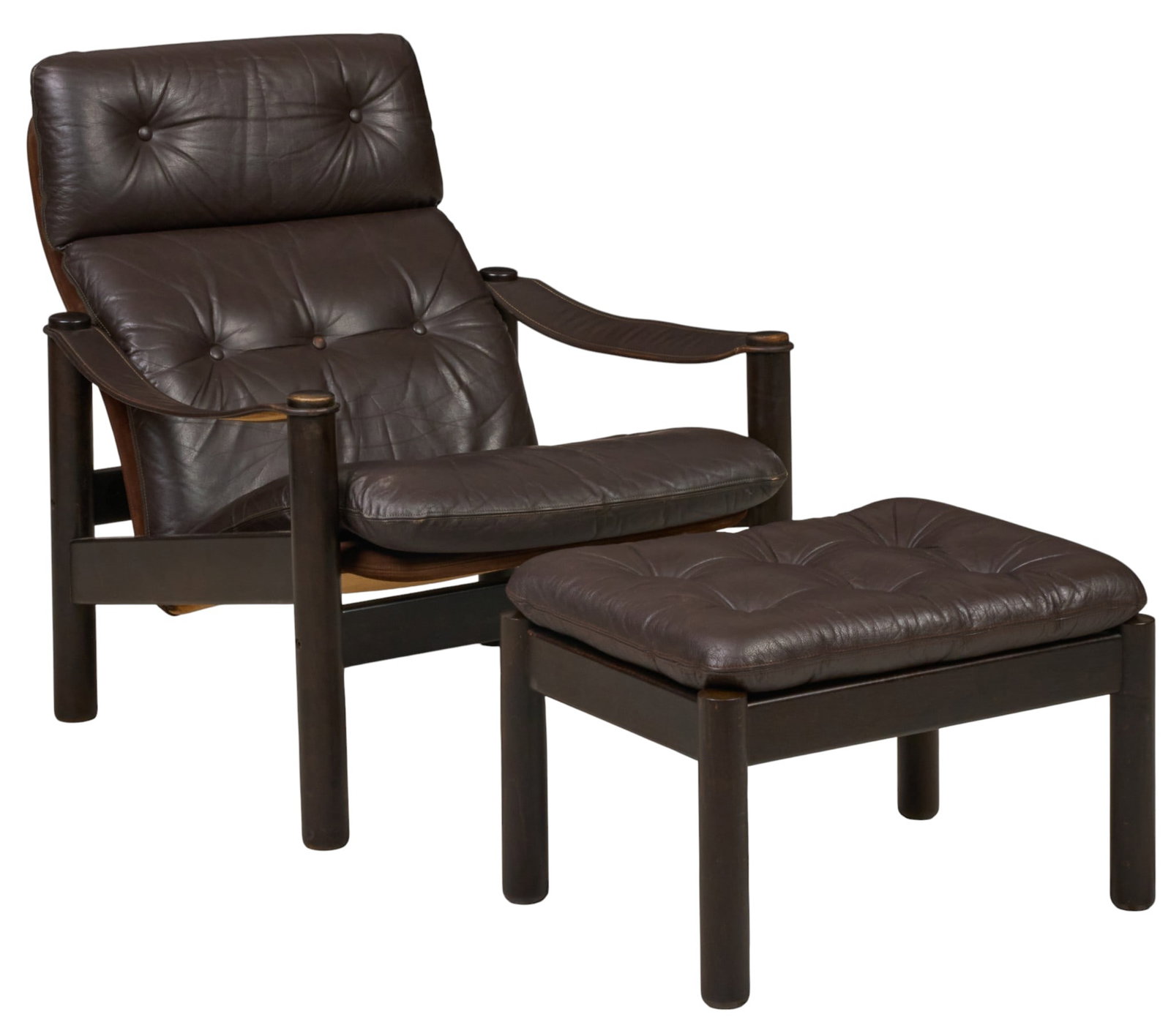 Ebbe Gehl & Soren Nissen, Mid-Century Lounge Chair: Ebbe Gehl & Soren Nissen (Denmark) lounge chair with stained wooden frames, tufted black leather cushions, and slack leather armrests, with matching ottoman height 30 in. x width 29 in. x depth