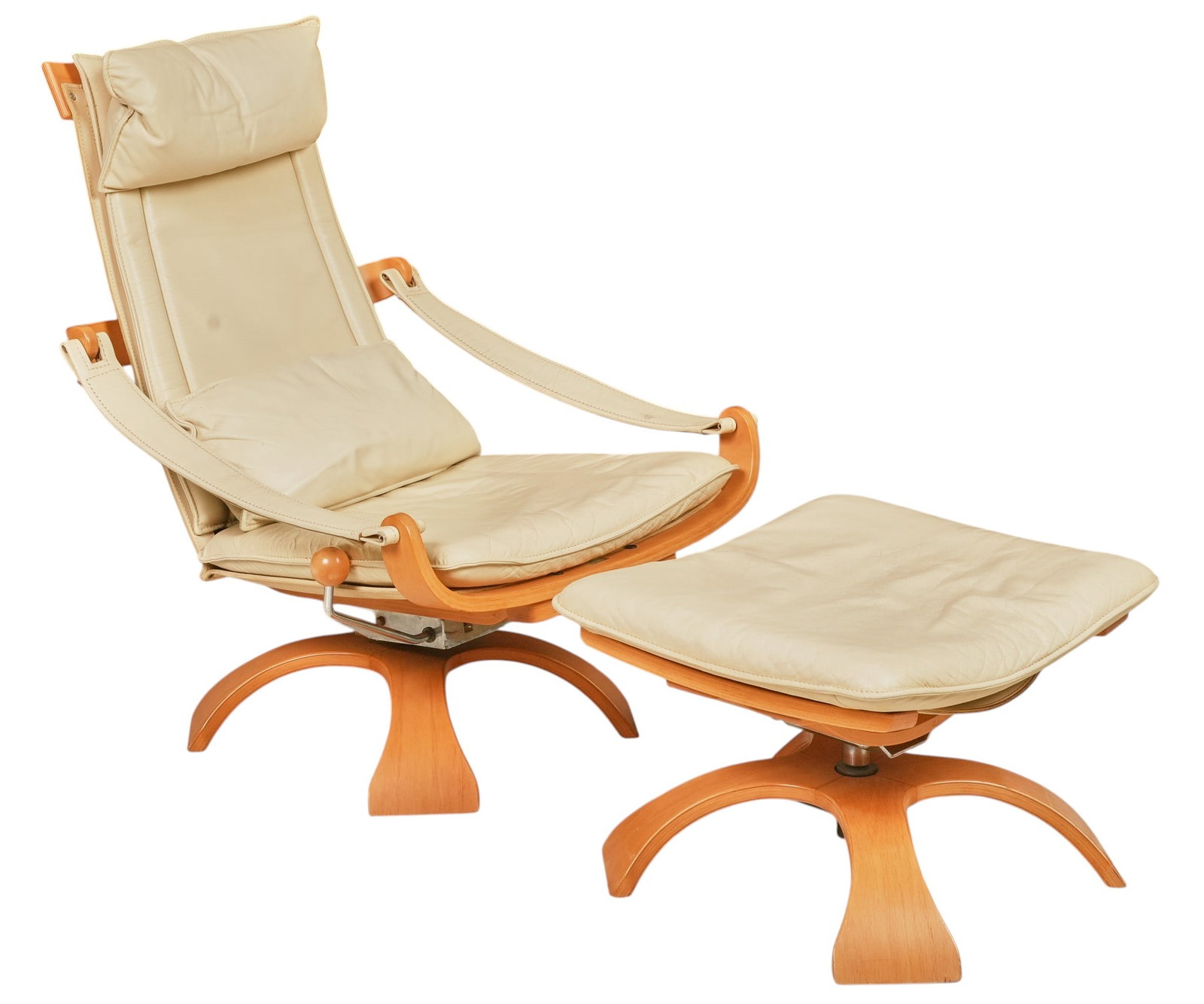 Nelo Swedish Mid-Century Leather Lounge Chair and Ottoman: Swedish mid-century swivel lounge chair and ottoman by Nelo, cream leather upholstery, bentwood frames with suspended leather armrests, loose headrest and lumbar cushions, four-point pedestal bases,