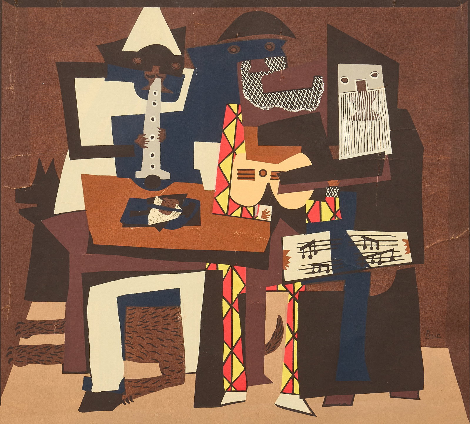 Pablo Picasso, Three Musicians, Pochoir ca. 1960s: Pablo Picasso (Spain / France, 1882-1973), "Three Musicians", vintage pochoir (stencil) print, signed in the plate sight: 21 x 24 in., frame: 28 x 41 in. Provenance: Property from a home in 