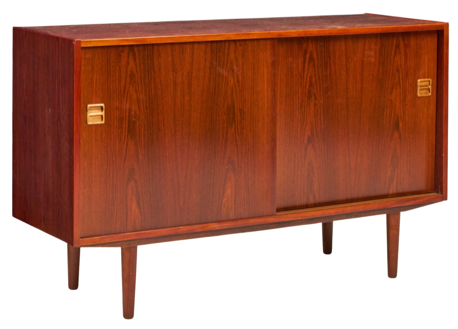 Danish Mid-Century Credenza: Danish mid-century credenza with two sliding cabinet doors opening to divided interior with extending shelf on left-side height 30 in. x width 48 in. x depth 17 in. 
