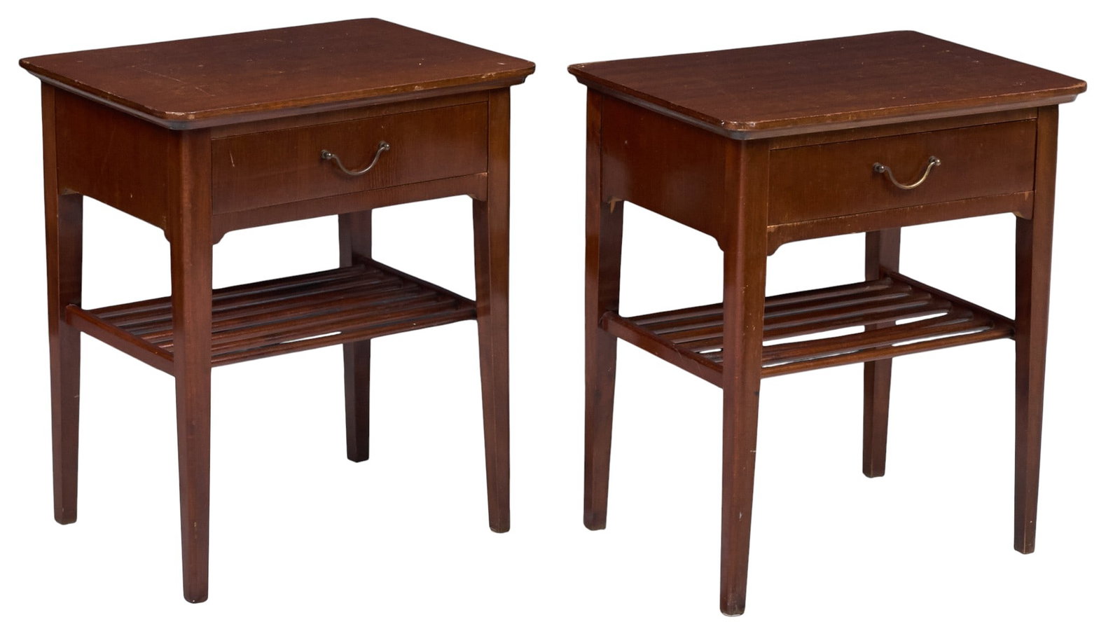 Pair of Mid-Century Side Tables: Pair of Danish mid-century side tables, each with single drawer and lower spindle rack, sipported on tapered block legs height 21.5 in. x width 19 in. x depth 14 in. / each Condition: wear to