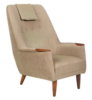 Danish Mid-Century High-Back Armchair: Danish mid-century high-back chair with gray upholstery, and hanging pillow with weight, supported on splayed pin legs height 37 in. x width 31 in. x depth 29 in. 