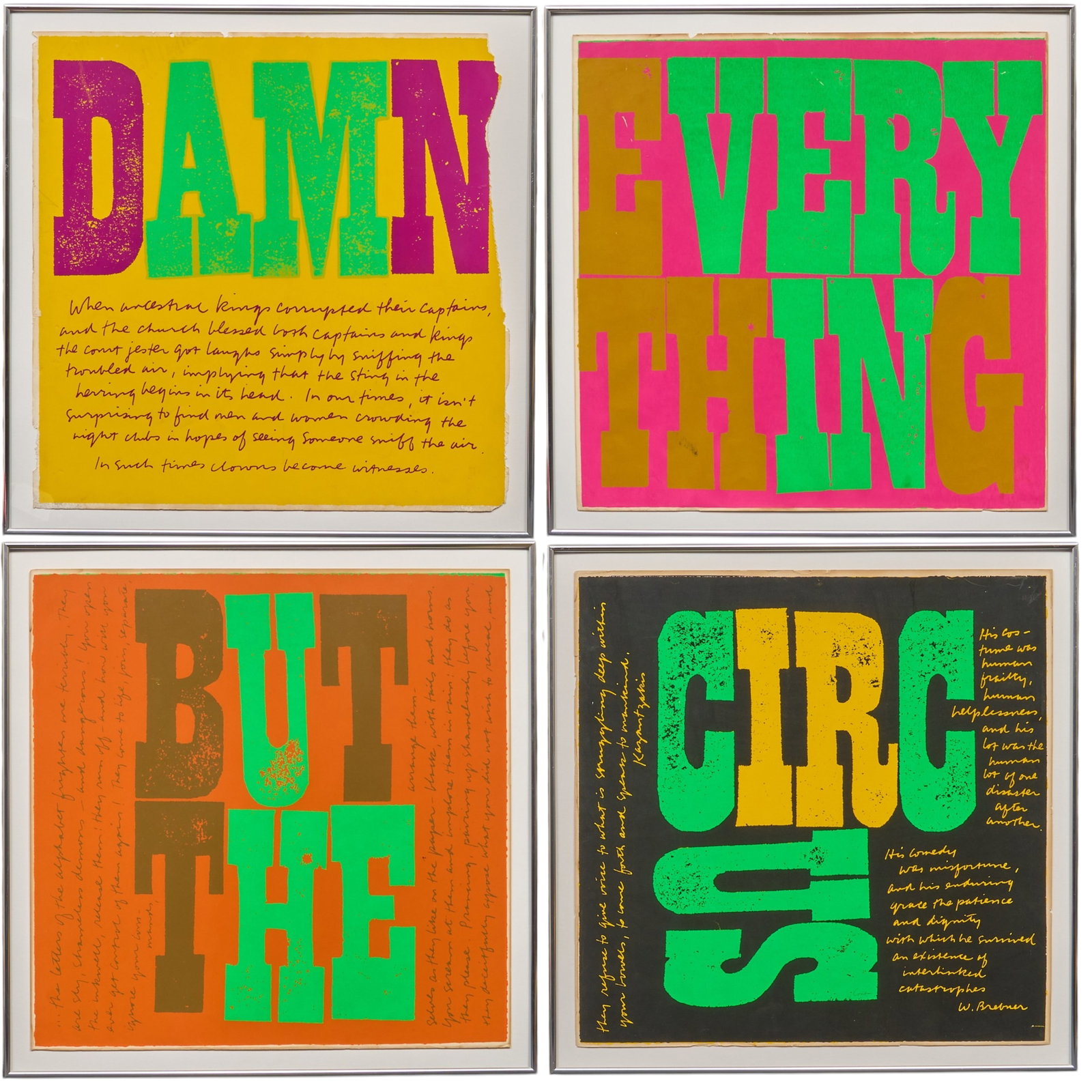 Corita Kent, "Damn Everything But The Circus": Sister Corita Kent (American, 1918-1986), "Damn Everything But The Circus", studio serigraphs, framed sheet: 23 x 23 in., frame: 25.5 x 25.5 in. / each Provenance: Property from a home in