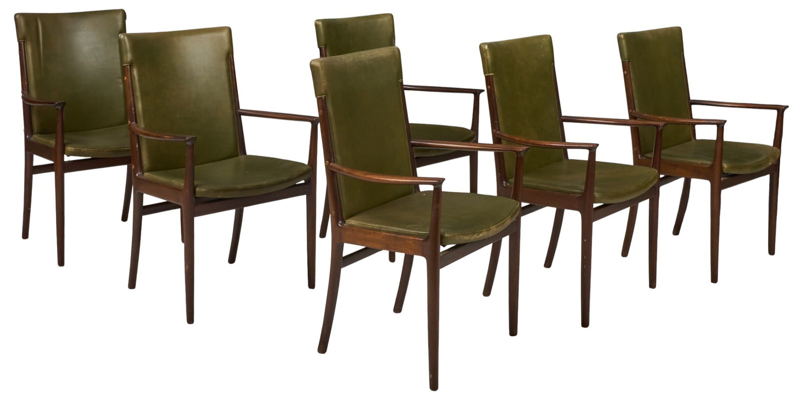 Set of (6) Danish Mid-Century Armchairs: Set of six Danish mid-century with green leather upholstery, raised on stretchered pin legs height 35.5 in. x width 24.5 in. x depth 21 in. / each