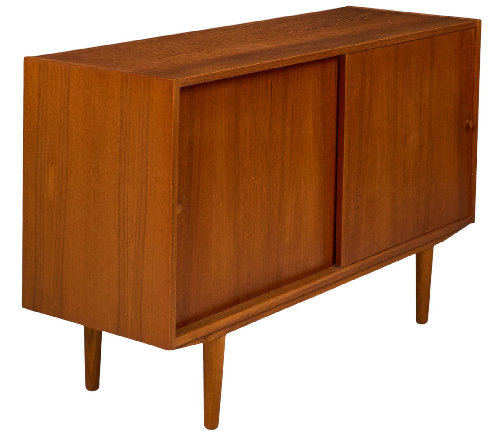 Danish Mid-Century Credenza: Danish mid-century credenza with pair of sliding cabinet doors with interior shelving, supported on pin legs height 29 in. x width 48 in. x depth 15.5 in.