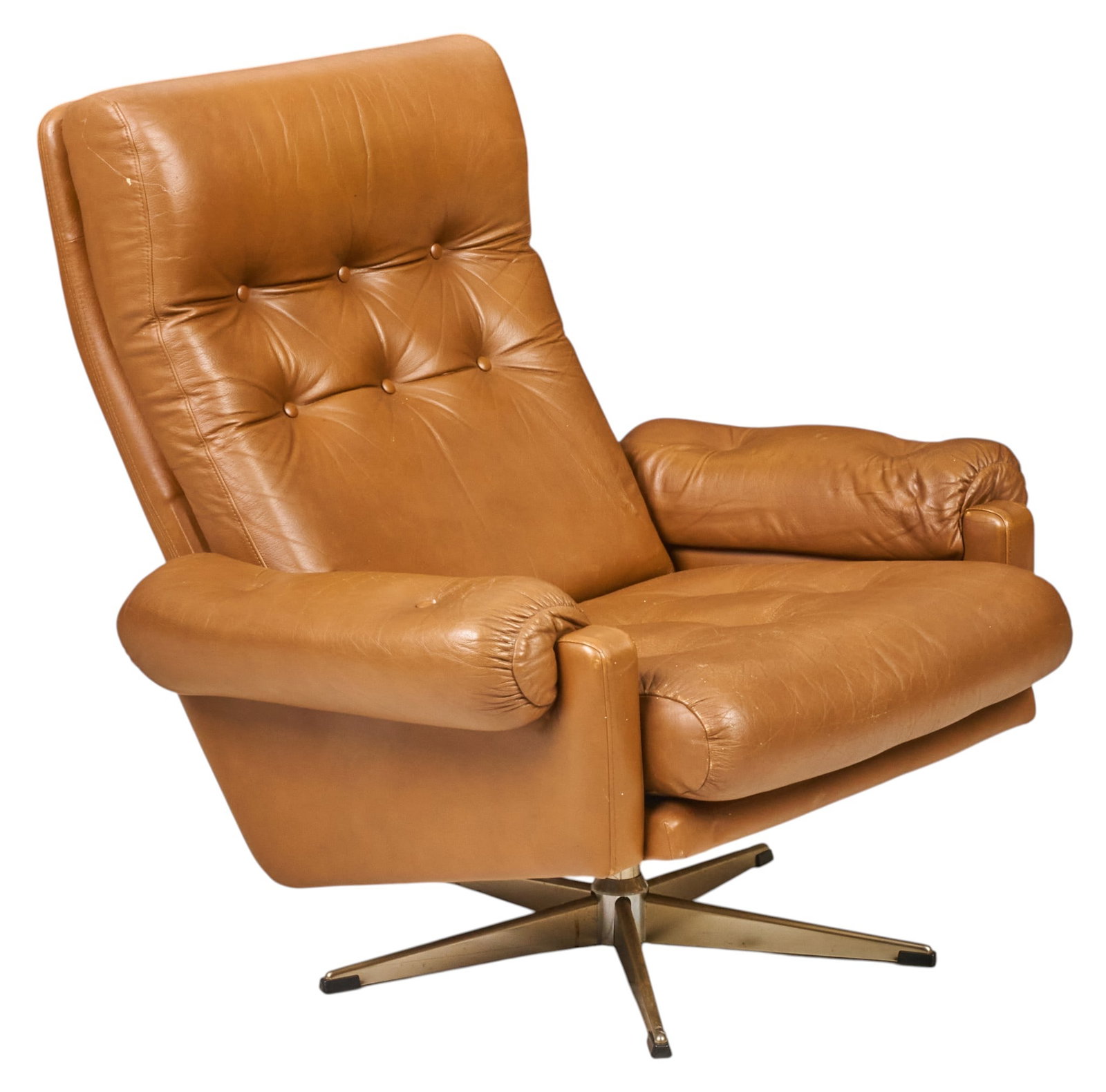 Danish Mid-Century Leather Lounge Chair: Danish mid-century lounge chair with button-tufted brown leather upholstery and padded armrests, on splayed swivel base height 37 in. x width 36.5 in. x depth 35 in.