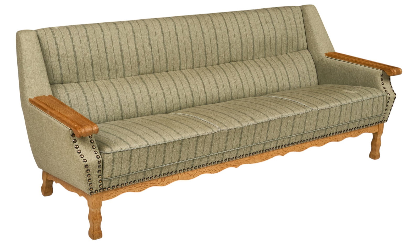 Danish Mid-Century Oak Sofa: Danish mid-century oak sofa, light green striped upholstery with shaped upholstered sides, wood armrests, nailhead trim and carved apron, raised on shaped legs height 30 in. x width 79 in. x depth 32