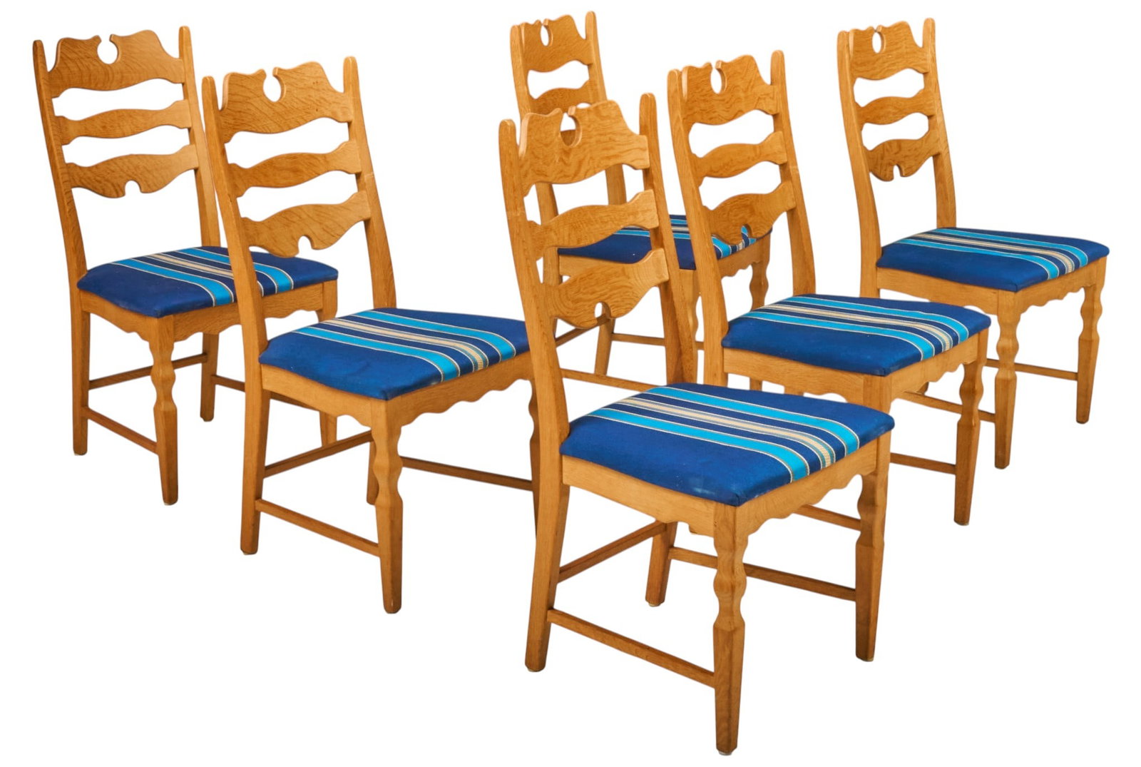 Set of (6) Henning Kjaernulf Razorblade Chairs: Henning Kjaernulf for EG Mobler (Denmark) "Razorblade" oak dining chairs with stylized backrest, and cushioned seats with striped blue fabric, supported on shaped block legs, marked with EG