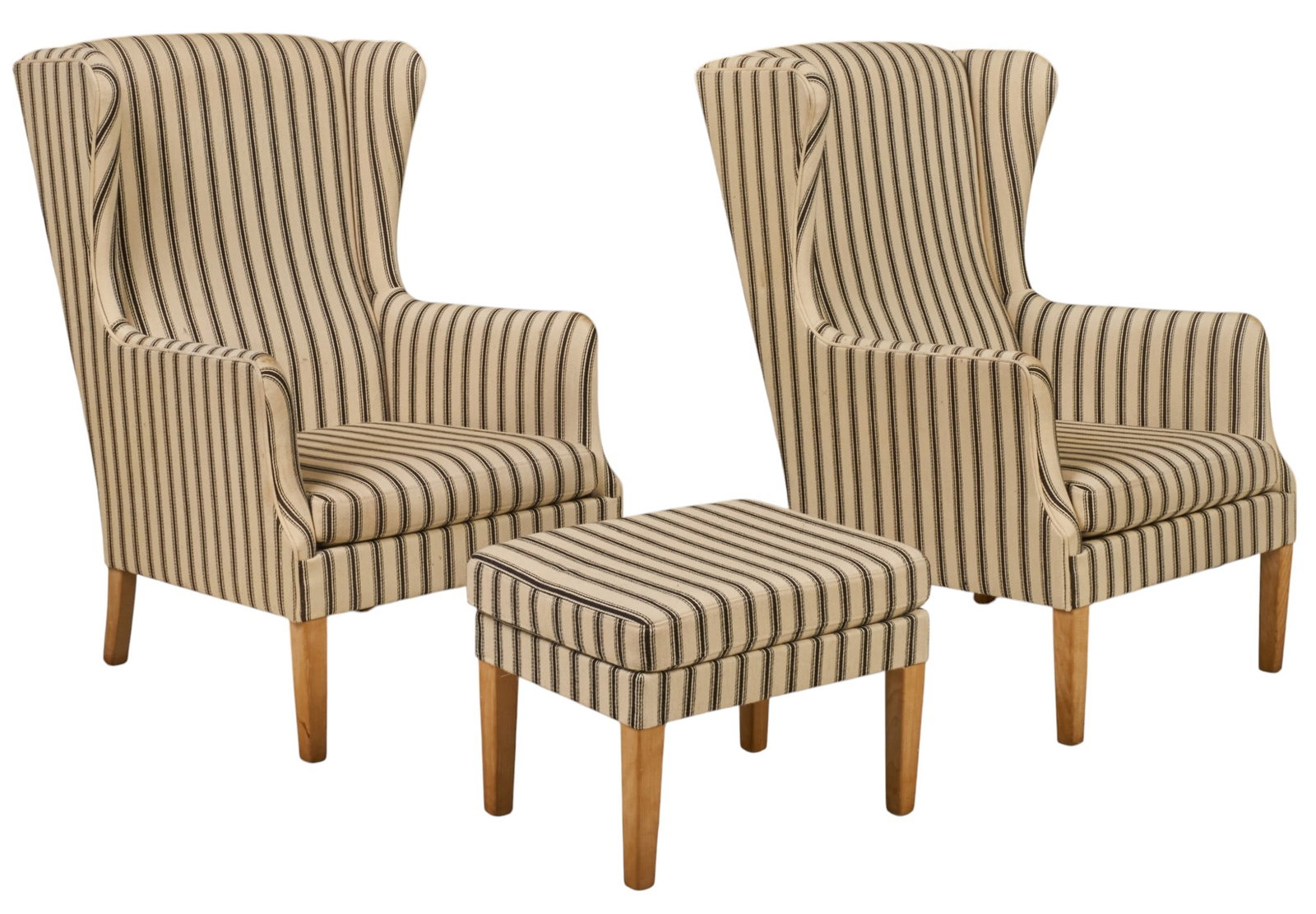 Pair of Danish Mid-Century Wingback Chairs and Ottoman: Pair of Danish mid-century wingback armchairs with striped upholstery, supported on block legs, with one matching ottoman height 41 in. x wdith 27 in. x depth 31 in. / each chair 