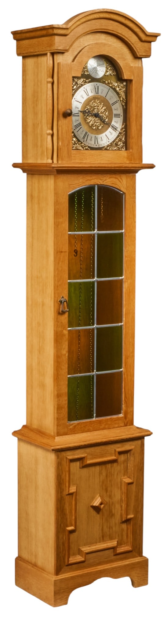 Danish Mid-Century Grandfather Clock: Danish mid-century oak grandfather clock, featuring decorative dial with Roman numerals and ornate hands, and front panel with colored glass-paned door height 75 in. x width 16 in. x depth 9.75 in.
