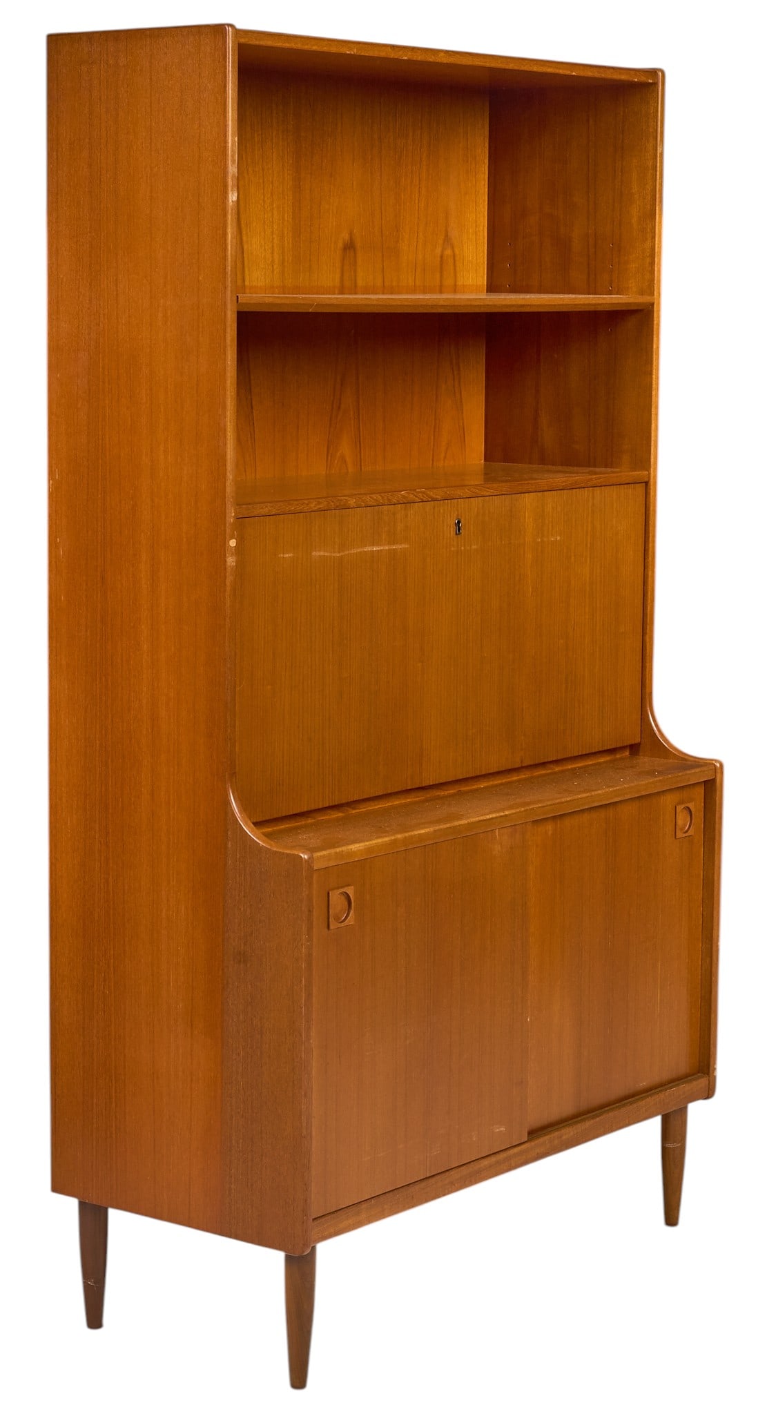 FM Mobler, Mid-Century Secretary Bookcase: FM Mobler (Denmark) mid-century secretary bookcase with open shelf above drop front cabinet that reveales fitted storage with mirrored back cache with glass shelf, above lower cabinet with sliding