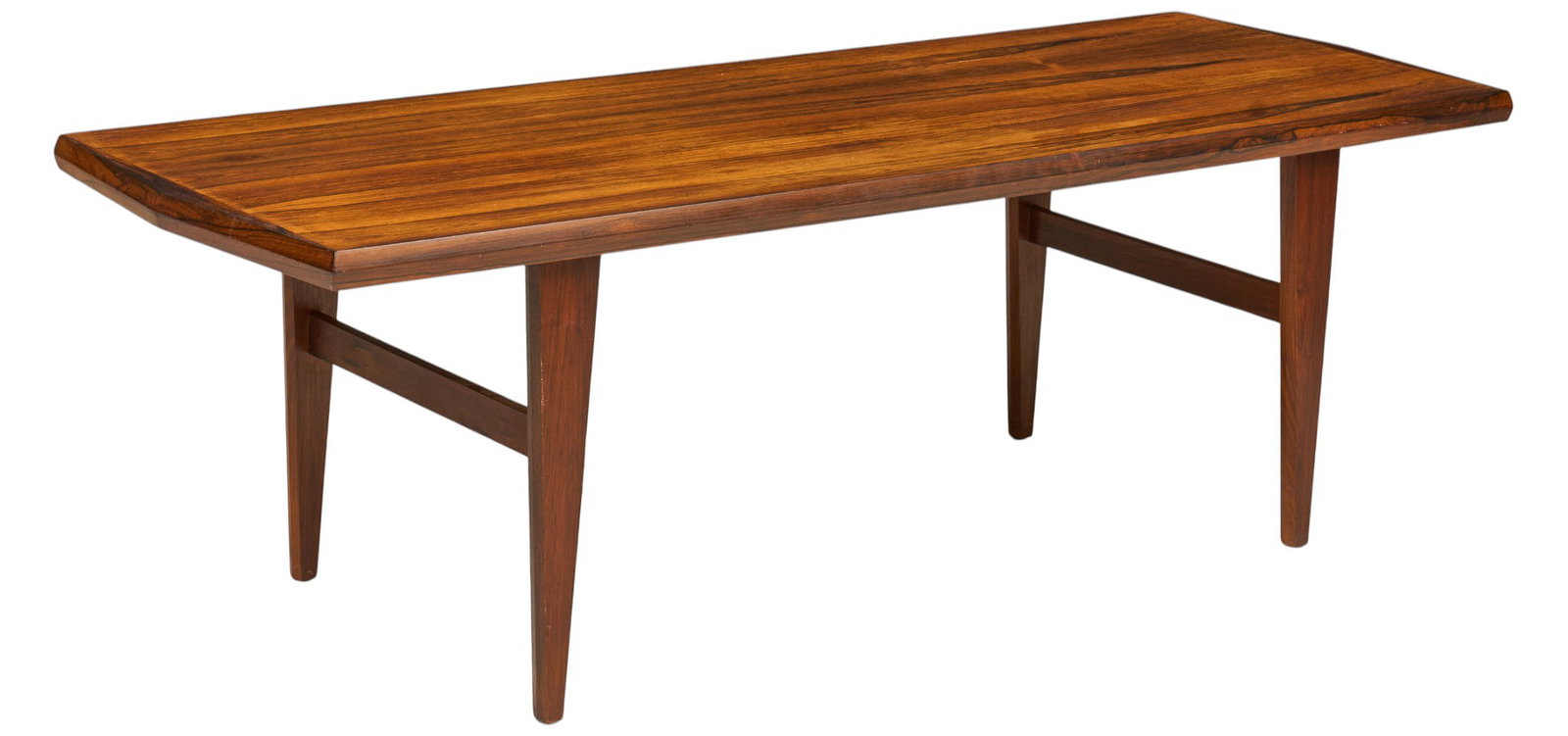 Danish Mid-Century Coffee Table: Danish mid-century coffee table supported on tapered pin legs height 21 in. x width 66.5 in. x depth 23.25 in.