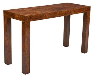 Vintage Burlwood Entry Table: Vintage entry table with burlwood veneer, supported on block legs height 29 in. x width 47 in. x depth 18 in. Provenance: Property from a home in San Antonio, Texas
