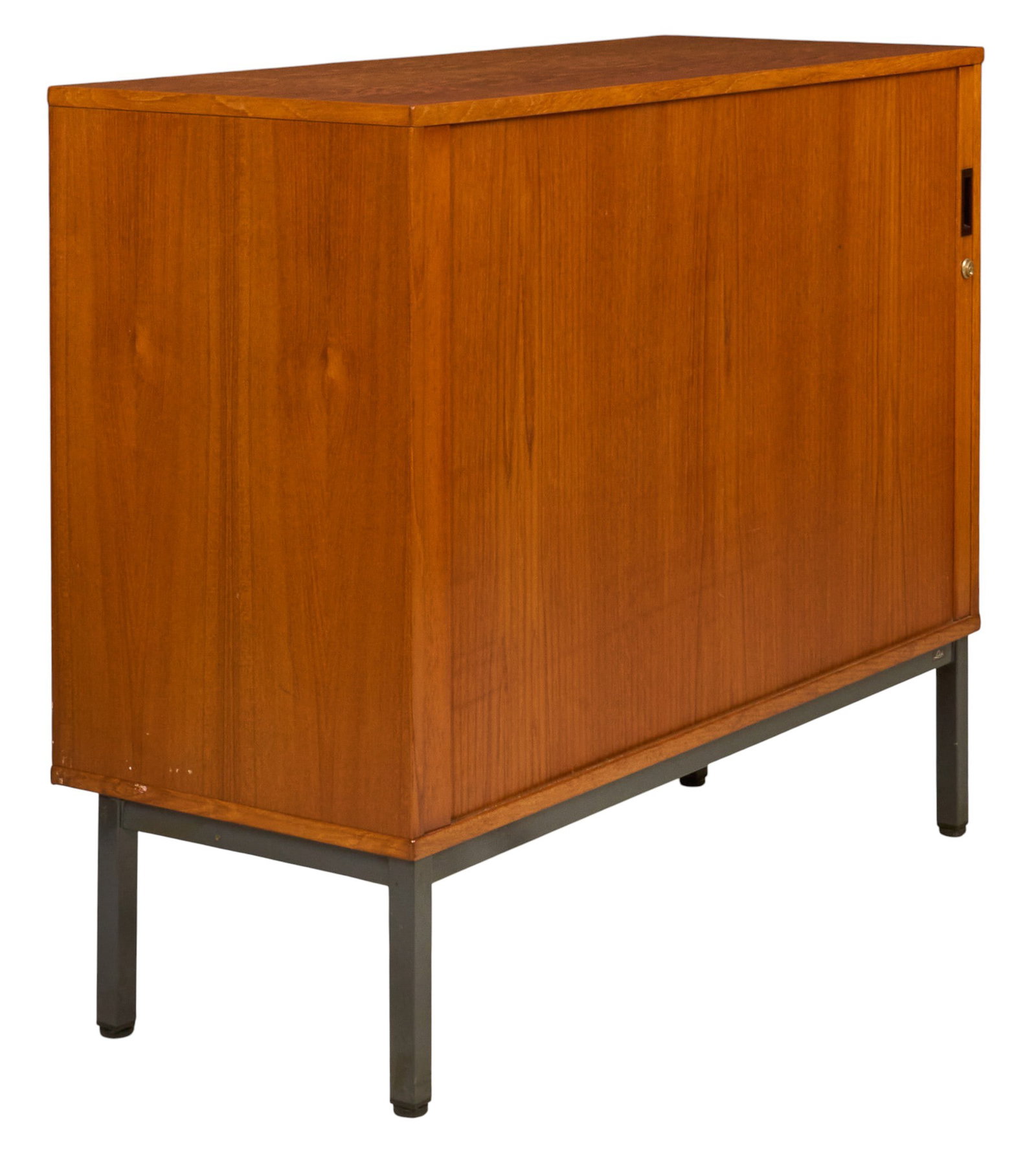 Danish Mid-Century Music Cabinet: Danish mid-century cabinet with sliding tambour door with key lock that opens to divided interior storage, with two adjustable shelves on left-side, and series of flat file trays on right-side,