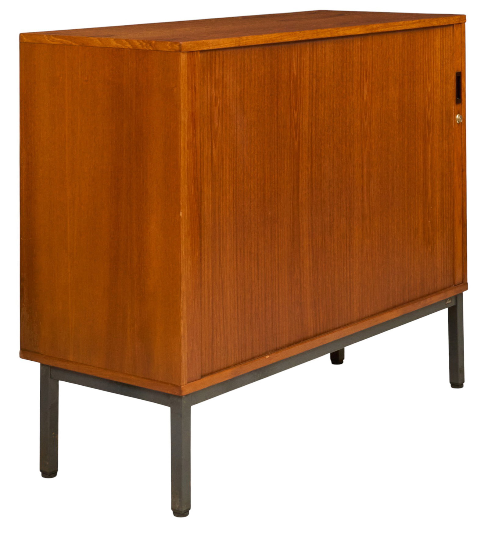 Danish Mid-Century Music Cabinet: Danish mid-century cabinet with sliding tambour door with key lock that opens to divided interior storage, with two adjustable shelves on left-side, and series of flat file trays on right-side,