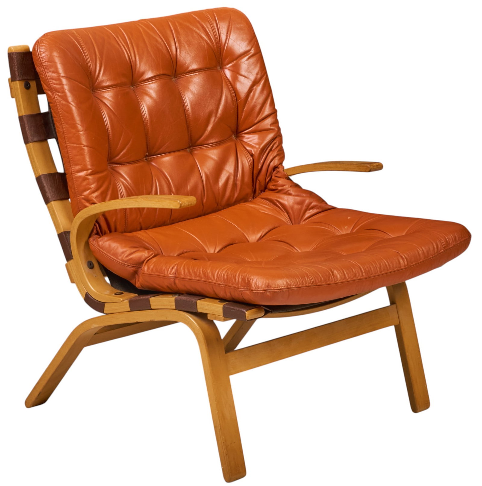Farstrup Mobler, Mid-Century Leather Armchair: Farstrup Mobler (Denmark) mid-century armchair with brown leather upholstery and bentwood frame, circa 1970s height 32 in. x width 26 in. x depth 30 in. 