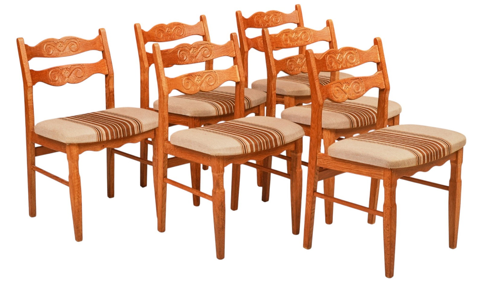 Set of (6) Danish Mid-Century Oak Dining Chairs: Set of six Danish mid-century oak dining chairs, carved double-splat backs with scroll and foliate motifs, upholstered seats with striped textile panels, shaped aprons and turned front legs height 32 