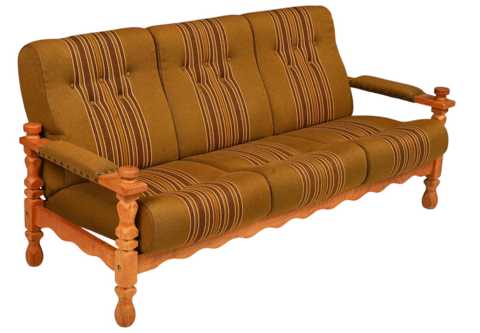Danish Mid-Century Oak Sofa: Danish mid-century oak sofa, exposed carved and turned wood frame with upholstered armrests, button-tufted olive and brown striped upholstery, raised on turned legs height 33 in. x width 71 in. x