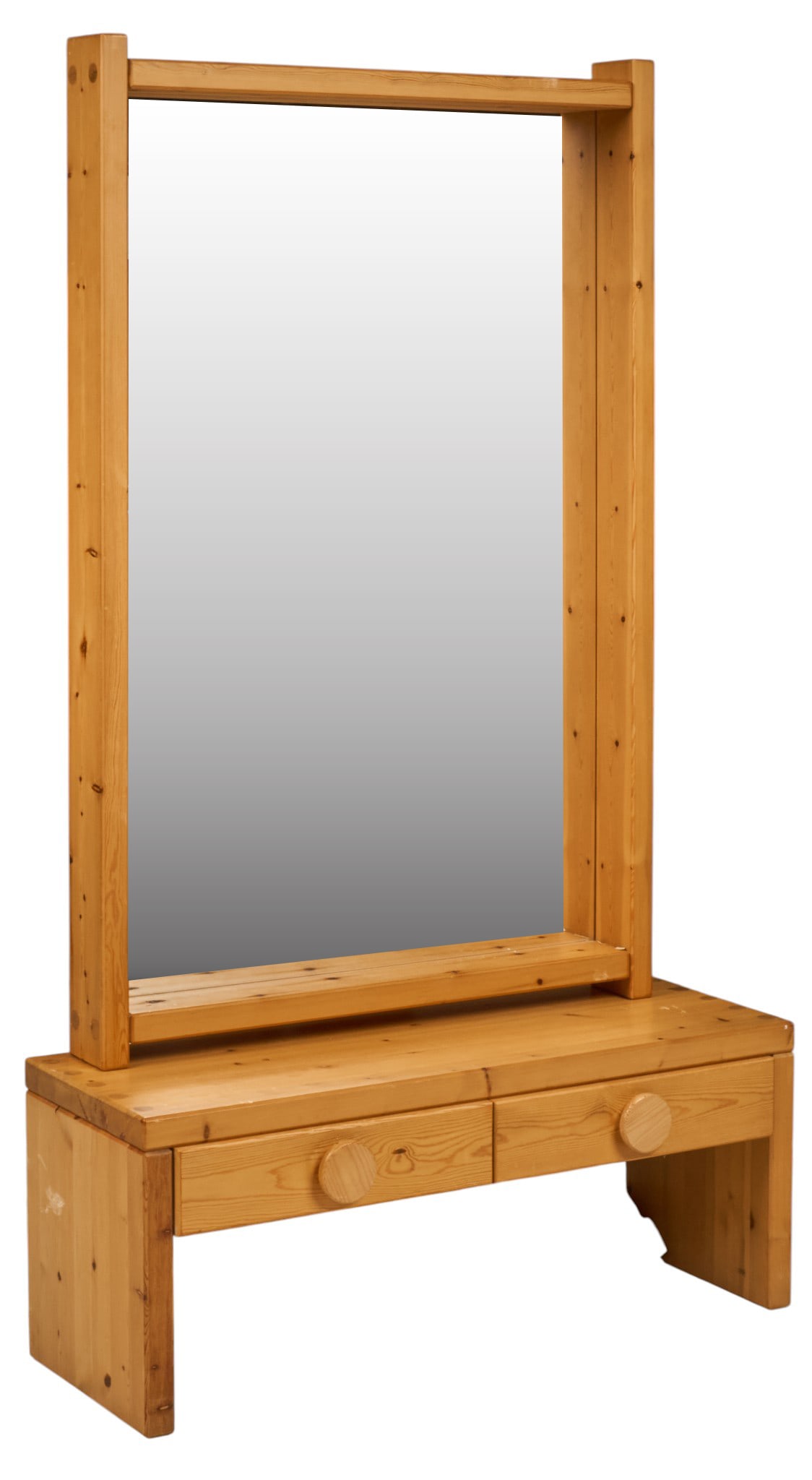 Danish Mid-Century Console and Mirror: Danish mid-century console table with two drawers and matching wall mirror height 16 in. x width 39 in. x depth 15.5 in. / console height 52 in. x width 33 in. x depth 4 in. 