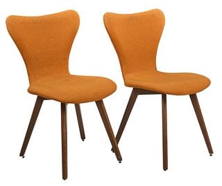 Pair of Mid-Century Dining Chairs: Pair of mid-century dining chairs with orange upholstery, supported on splayed legs height 32 in. x width 19 in. x depth 21 in. / each Provenance: Property from a home in San Antonio, Texas
